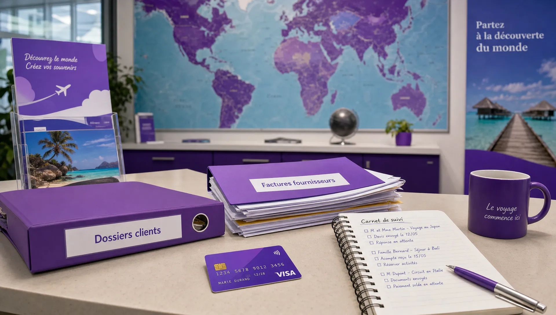 Un comptoir d’agence de voyage avec des dossiers clients, des factures fournisseurs, une carte bancaire posée près d’un carnet de suivi et une carte du monde en arrière-plan.