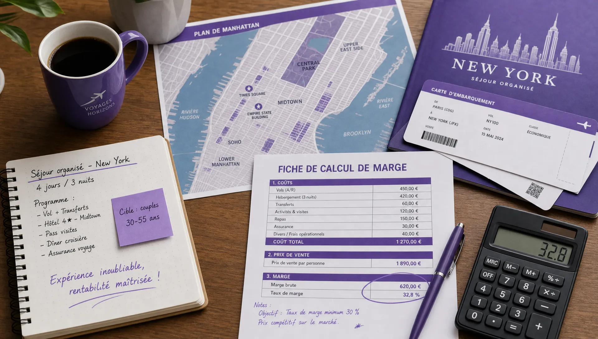 Une table de travail d’agence de voyage avec un plan de Manhattan imprimé, une fiche de calcul de marge, un carnet de notes, des billets d’avion et une tasse de café, montrant la préparation d’un voyage organisé à New York rentable.