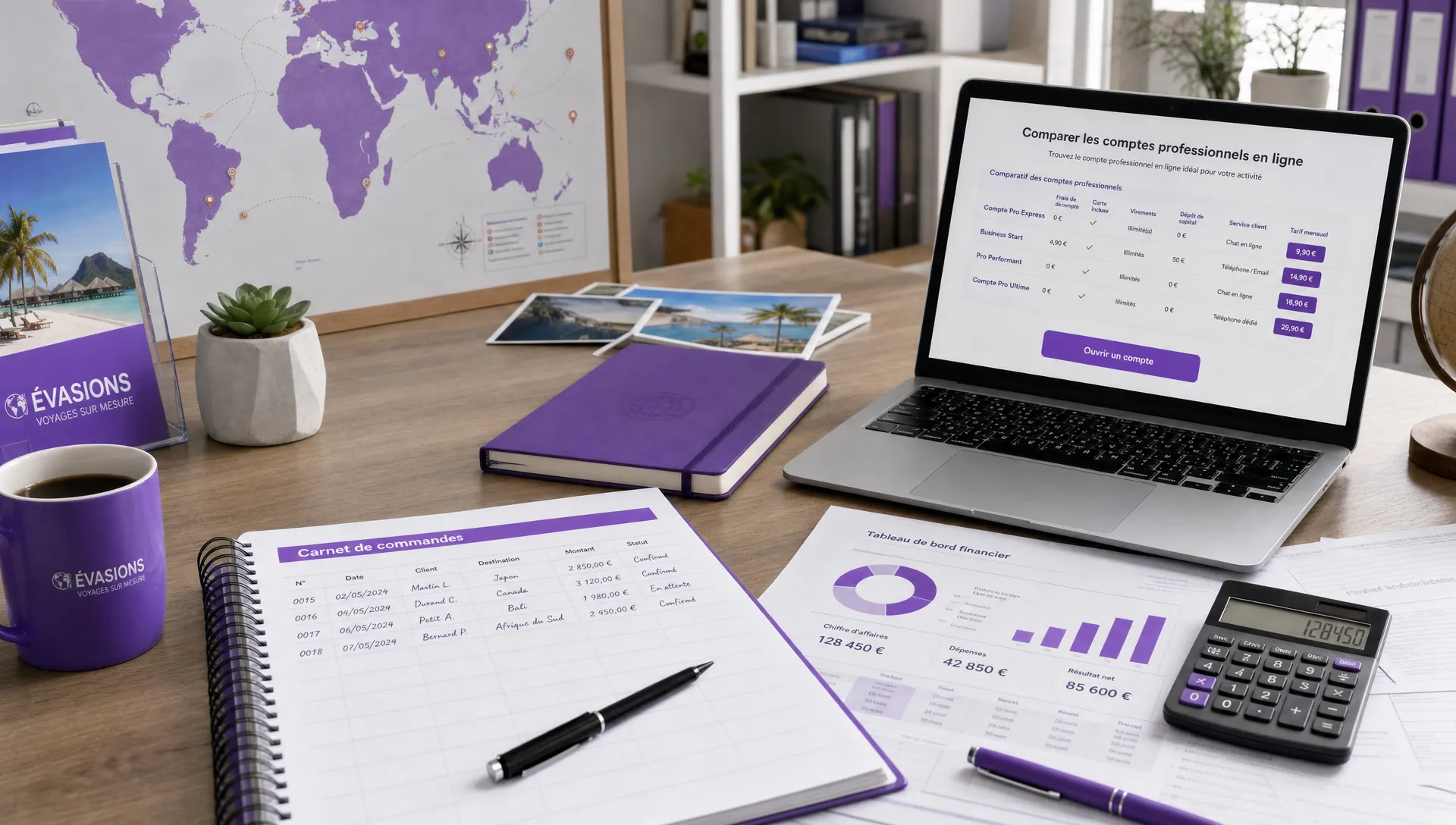 Un bureau d’agence de voyage avec un carnet de commandes, une carte du monde et des documents comptables pour comparer plusieurs comptes professionnels en ligne.