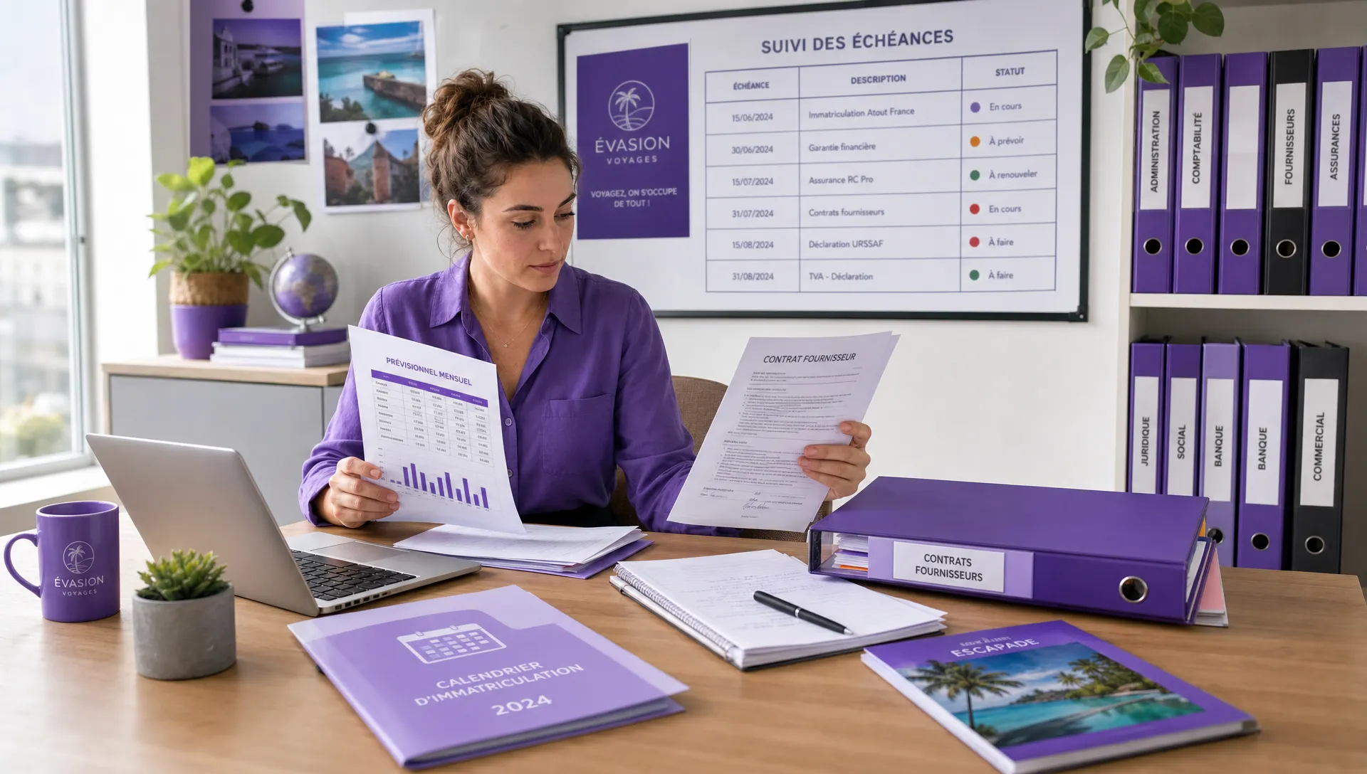 Une fondatrice d'agence de voyage indépendante consulte un prévisionnel mensuel, des contrats fournisseurs et un calendrier d'immatriculation dans un bureau lumineux, avec des dossiers classés et un tableau de suivi des échéances.