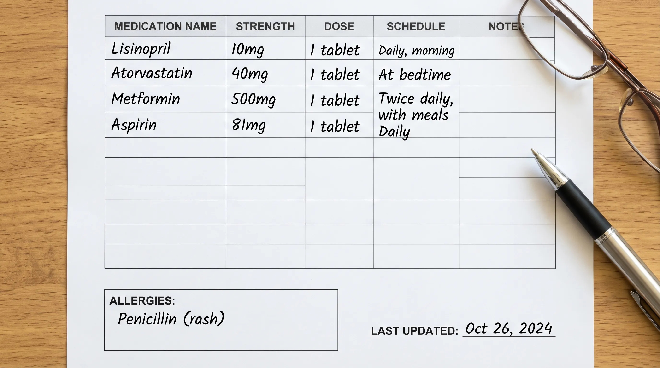 A clean, minimal medication list layout showing columns for medication name, strength, dose, schedule, and notes, alongside a small section for allergies and last updated date.