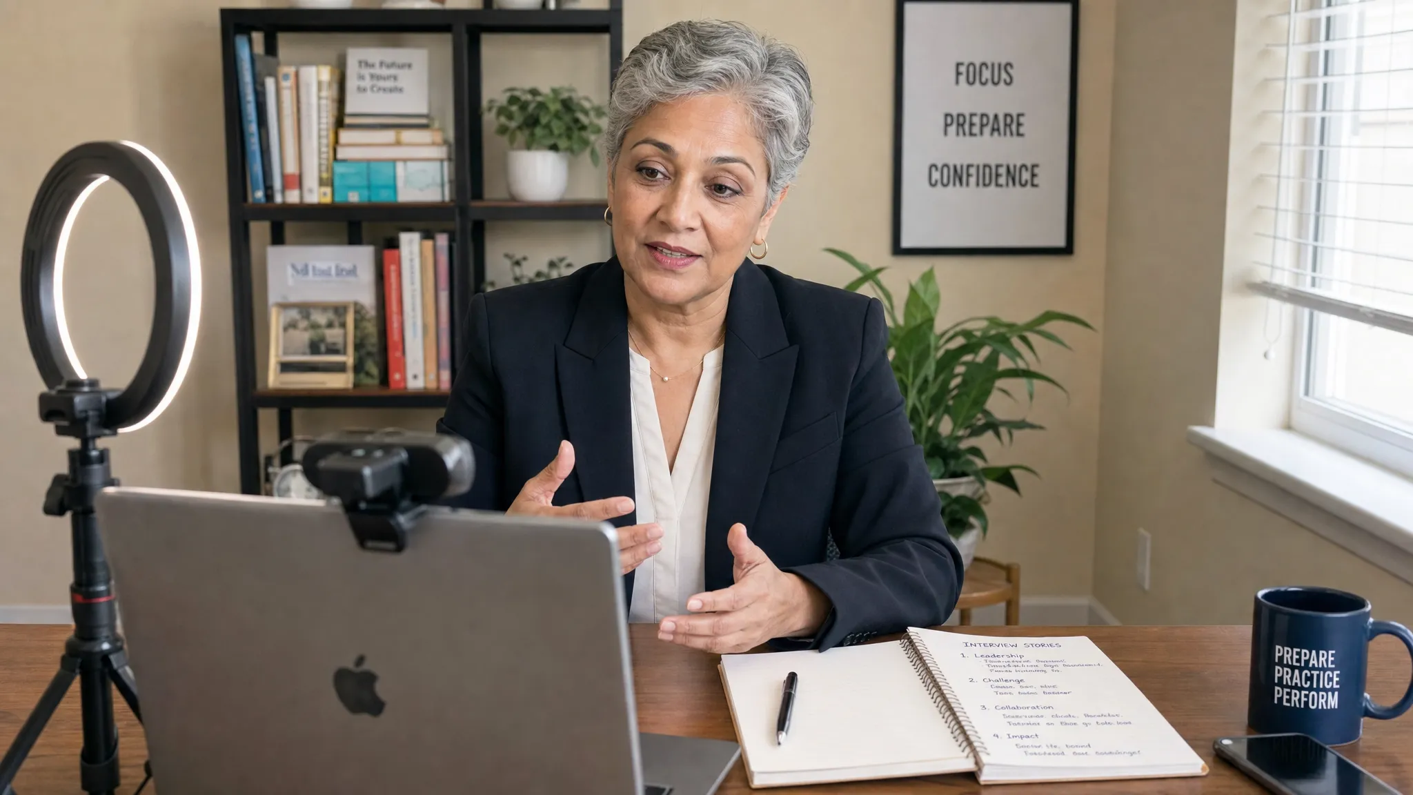 Wide indoor scene of a senior professional recording answers for an interview simulation on a webcam setup, with a laptop screen facing the camera, a simple ring light, a notebook of prepared stories, and a phone set aside on the desk. The person is centered in a calm workspace and appears focused and composed, with the composition emphasizing practice, feedback, and preparation for a high-stakes interview.