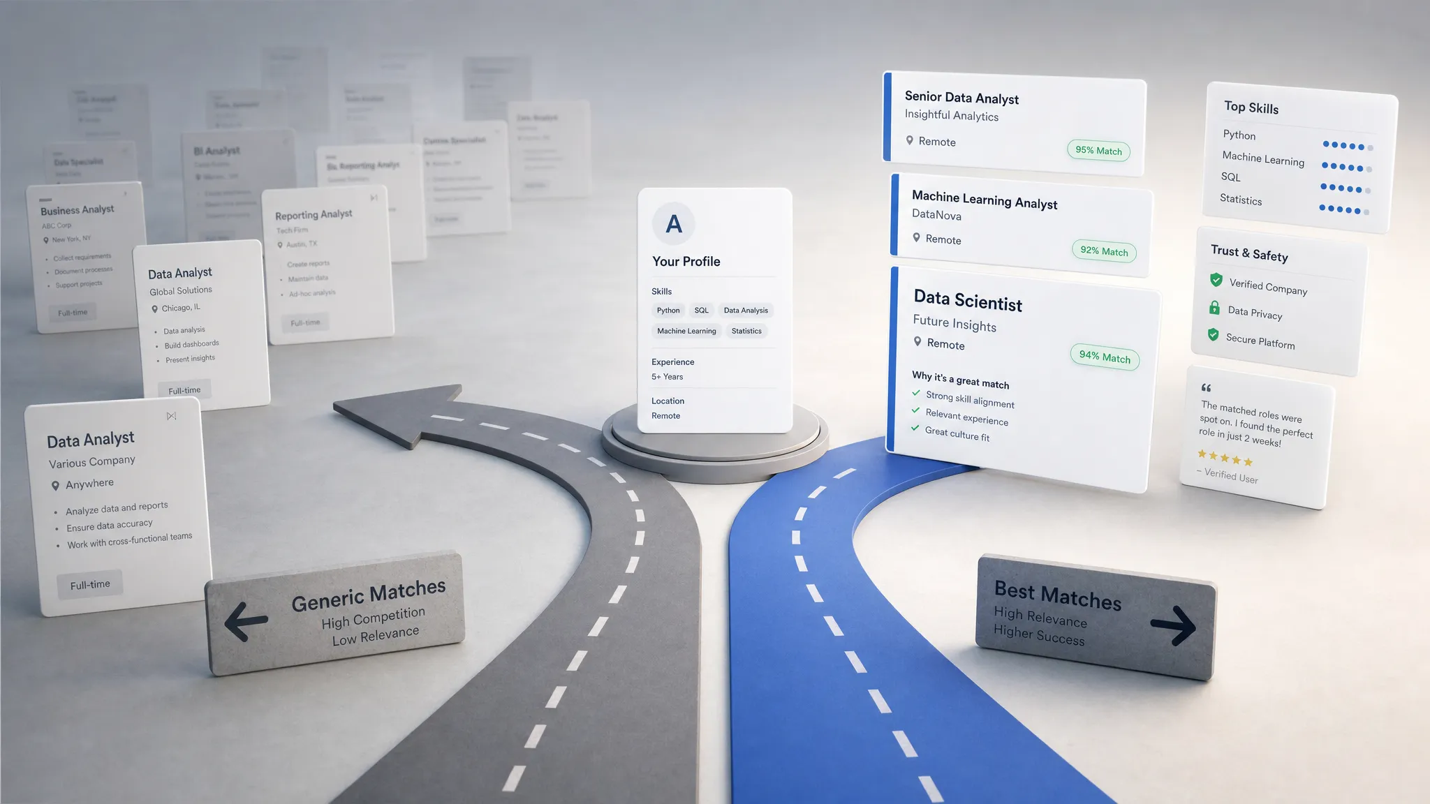 Wide conceptual scene showing a clear hiring decision path: a single professional profile card at the center leads to two diverging routes, one with scattered generic job postings fading into the background and the other with a few well-matched role cards, trust badges, and short skill summaries arranged neatly ahead. The composition should feel directional, organized, and modern, with no people visible.