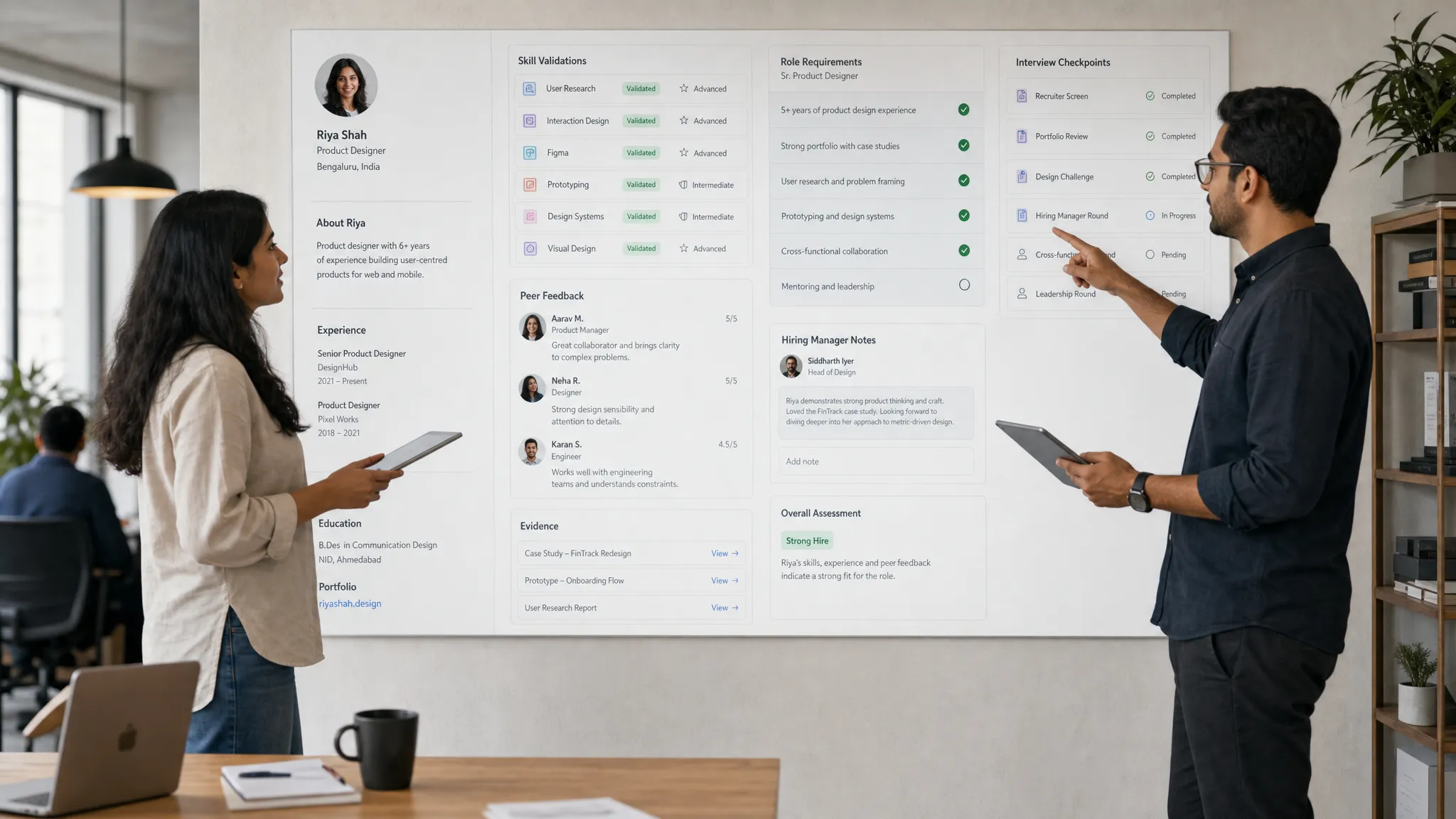 Wide indoor scene in a modern hiring workspace showing a recruiter and hiring manager reviewing a wall-mounted profile board with skill validations, short peer notes, role requirements, and interview checkpoints, with one person pointing while the other compares evidence on a tablet. The composition should feel collaborative and centered on trust signals in hiring, with no single hero object.