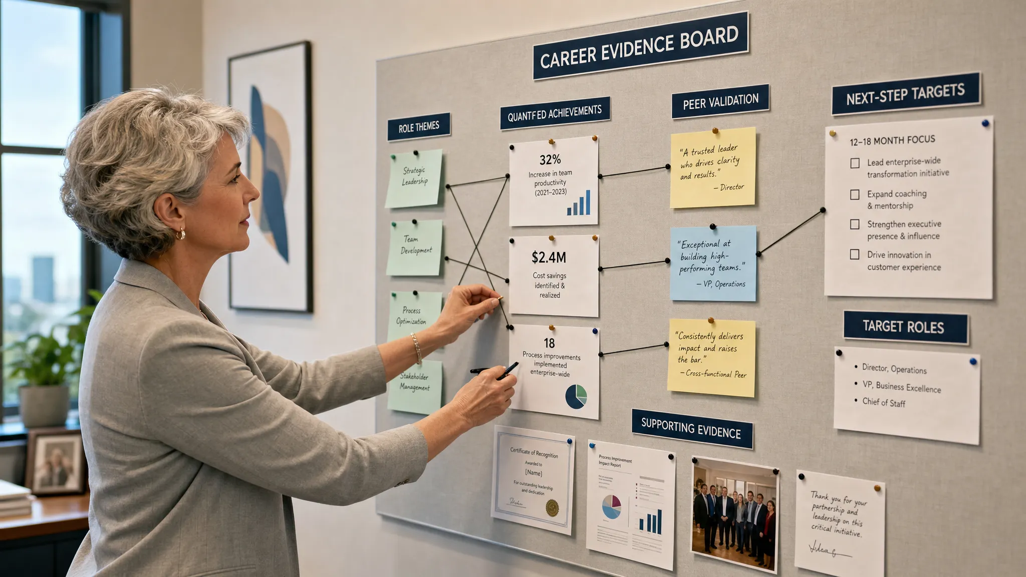 Wide indoor scene of a senior professional organizing a career evidence board on a wall, with role themes, quantified achievements, peer validation notes, and next-step targets connected by clean lines and pinned documents, viewed at a slight angle in a composed office setting.