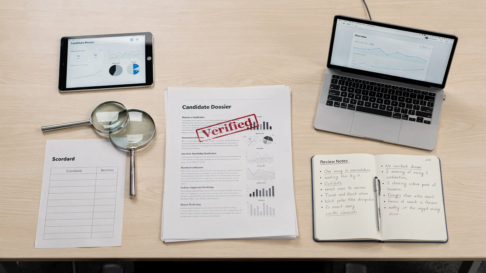Landscape overhead view of a tidy conference table staged as evidence: a single printed candidate dossier stamped "Verified" sits center, surrounded by a magnifying glass, a printed scorecard, a notepad with bullet notes, and a tablet and laptop with their screens facing the camera (neutral screen content). No people are visible; the arrangement emphasizes verification, auditability, and careful review in a professional indoor setting.