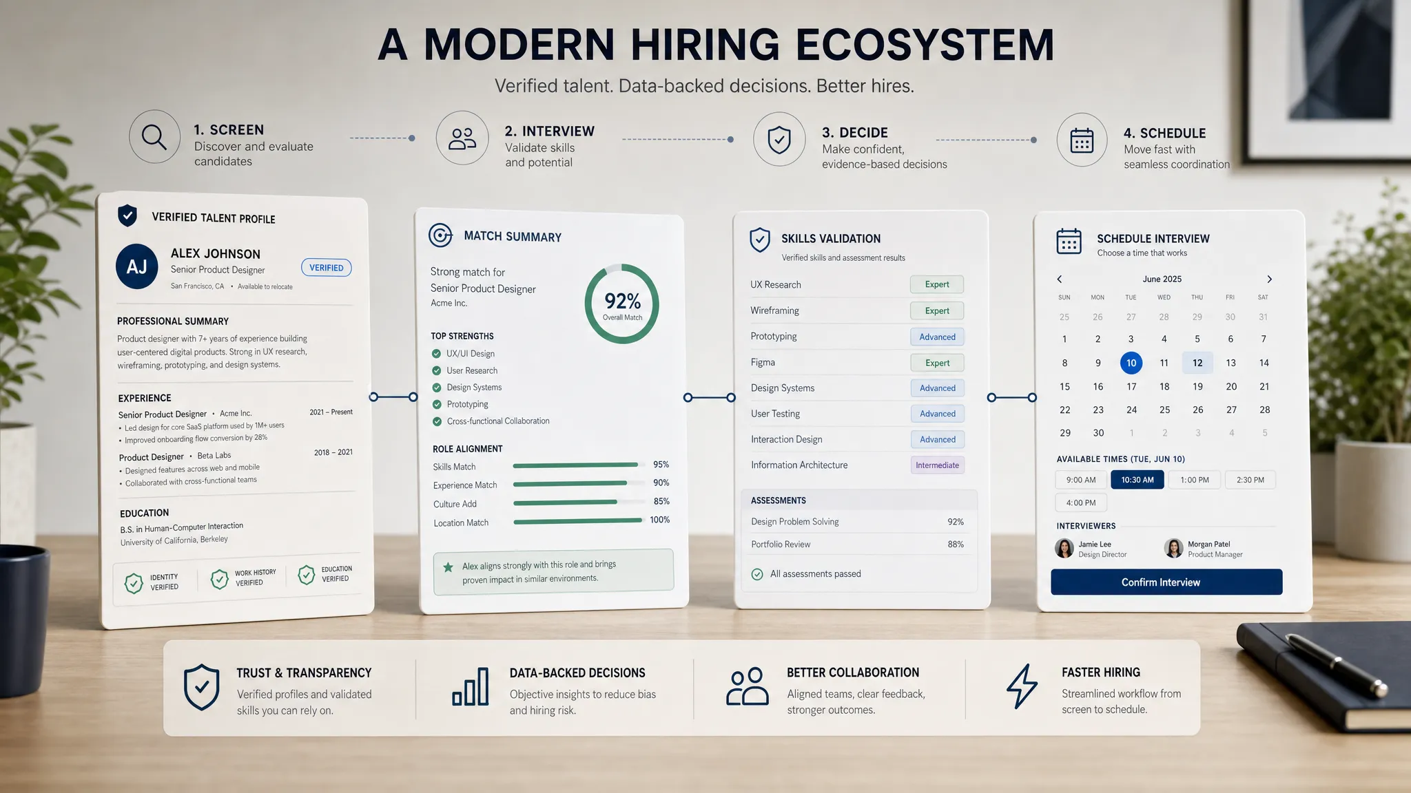 Wide conceptual indoor scene showing a modern hiring ecosystem laid out as connected evidence: a central verified talent profile document, a matching summary sheet, a skills validation card, and a scheduling calendar arranged across a clean table, with subtle connectors suggesting screening, interview, and decision stages. No people are visible. The composition should feel structured, trust-centered, and easy to read in a landscape frame, with open space around the main materials and a clear separation from any single inline scene.