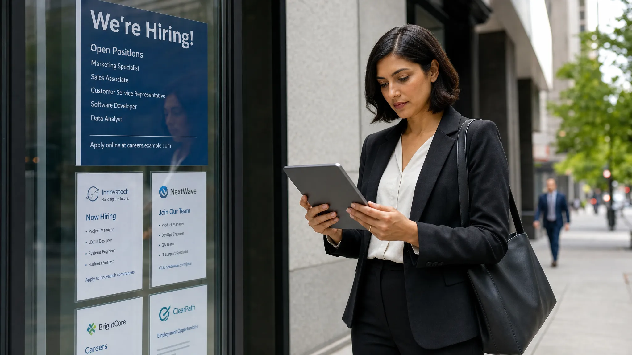 Wide outdoor scene of a professional reviewing a job application on a tablet while standing beside a city sidewalk display of hiring notices and company listings, with one clear hero subject and a sense of active job search in a modern urban setting.