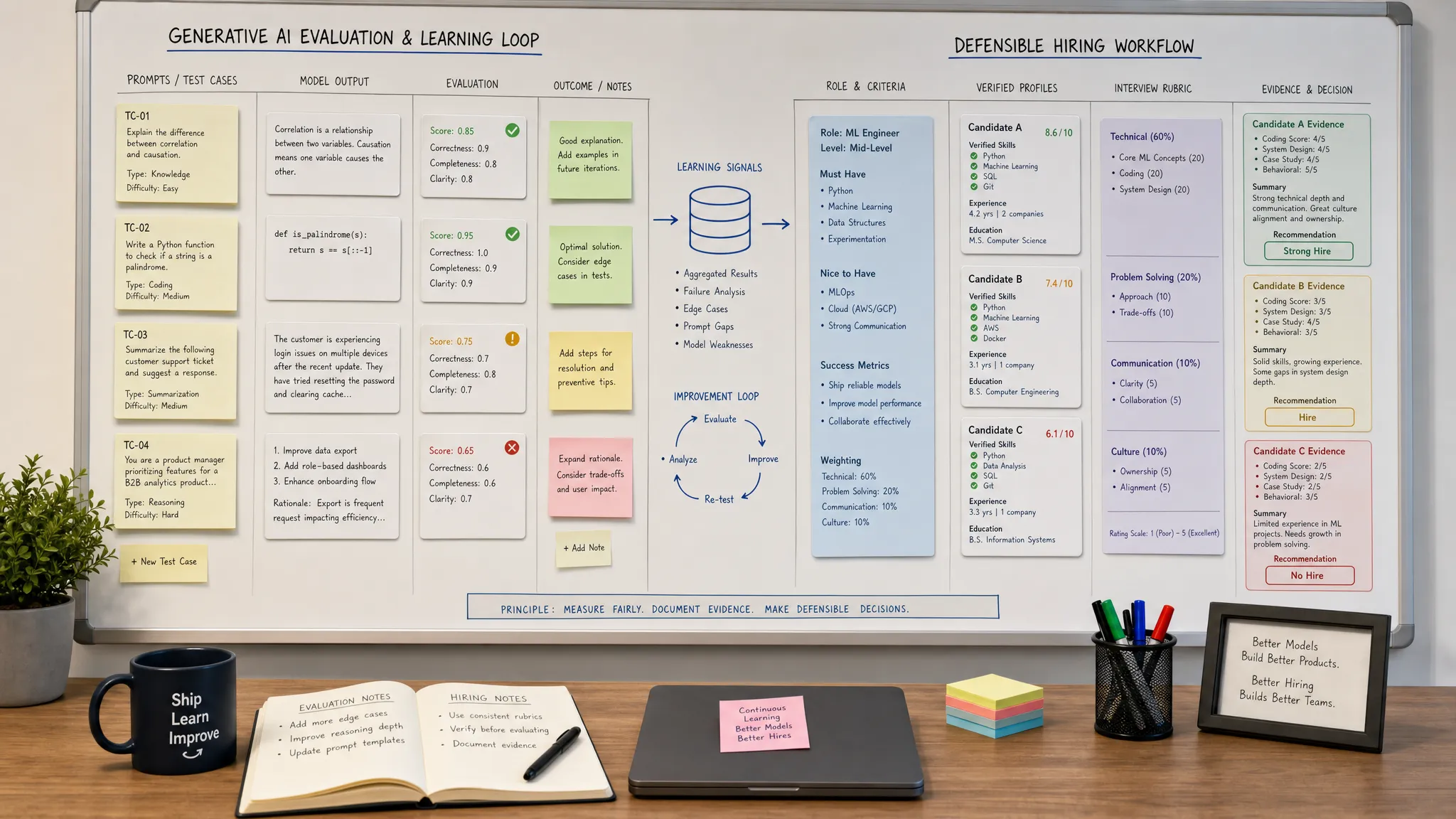 Wide conceptual indoor scene showing a generative AI startup and hiring workflow side by side as two connected work surfaces: on one side, a model evaluation board with prompts, test cases, and outcome notes; on the other, a hiring decision board with role criteria, verified profile cards, interview rubrics, and candidate evidence summaries. The composition should feel structured and analytical, with clear connections between learning loops and defensible hiring, and no people visible.