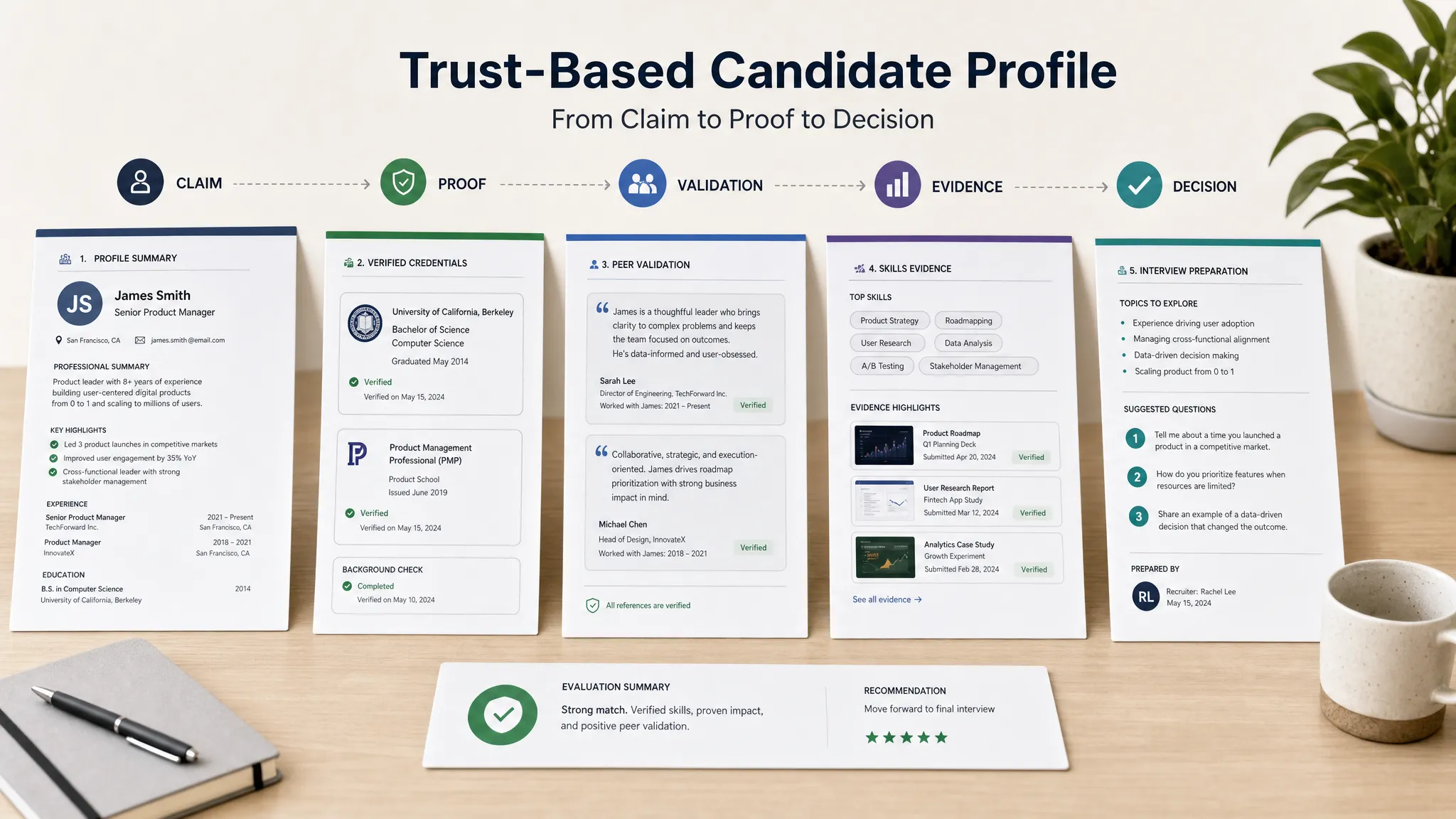 Wide conceptual scene showing a trust-based candidate profile as a structured evidence package on a clean table: a profile summary sheet, verified credentials card, peer validation note, skills evidence page, and interview preparation notes arranged in a balanced layout, with a subtle sense of progression from claim to proof to decision. No people visible. The composition should feel clear, credible, and recruiter-friendly, with open space and a landscape framing that does not duplicate the inline desk review scene.