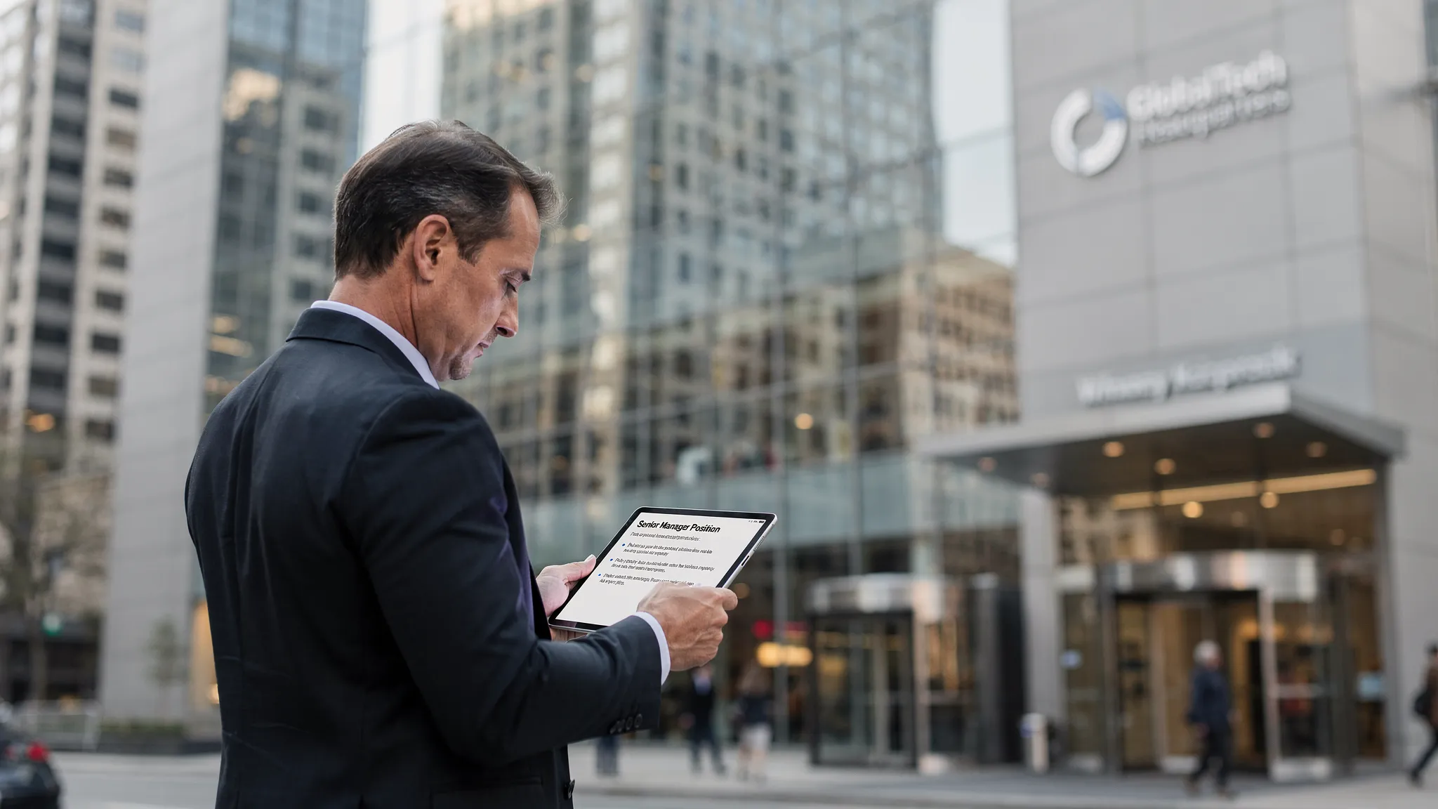 Wide outdoor city scene with a mid-career professional standing near a building entrance, looking at a tablet with documents and a job listing, while office towers and a visible company headquarters sign suggest the employer context they are evaluating. The composition emphasizes one person against a larger business environment, with a thoughtful, decision-making mood.