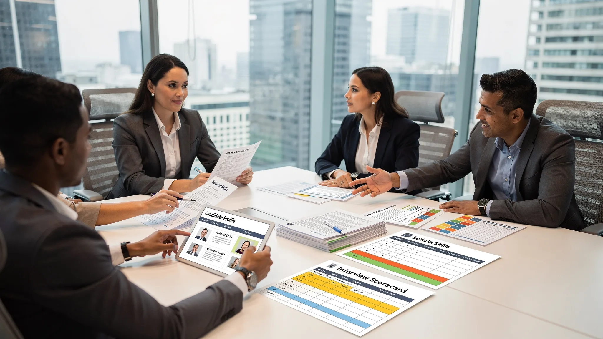 Wide indoor scene of a hiring team around a meeting table in a modern office, with a recruiter comparing verified candidate profiles, skill credentials, and interview scorecards on paper and a tablet, while one hiring manager gestures toward the evidence. The focus is on a collaborative review of multiple documents rather than a single hero object.