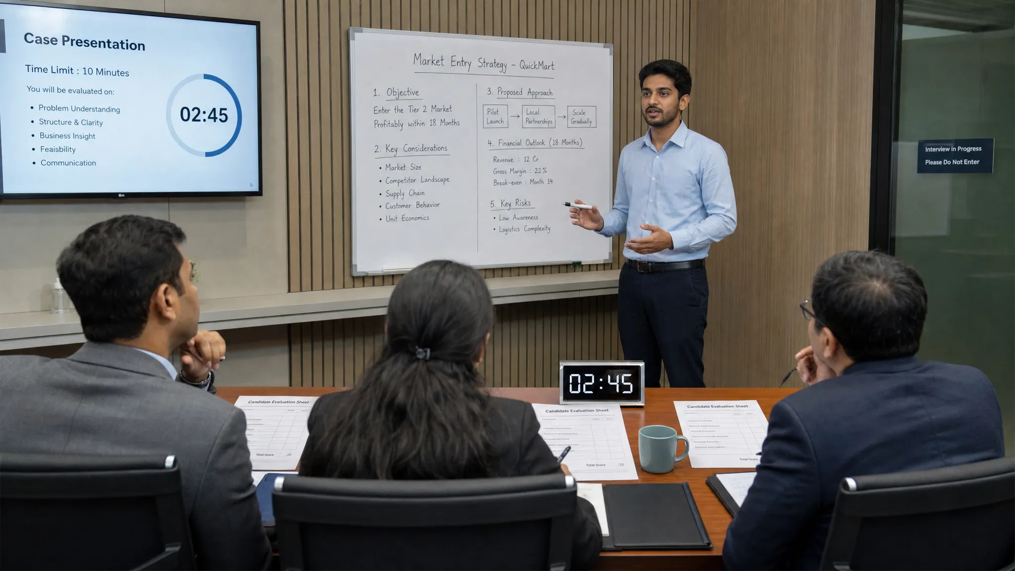 Wide indoor scene of a candidate facing a panel-style assessment setup: three assessors seated behind a long table with printed score sheets and a visible clock, while the candidate stands near a whiteboard presenting a concise business case with a marker in hand. The room feels formal and evaluative, with emphasis on live judgment, communication under pressure, and structured hiring.