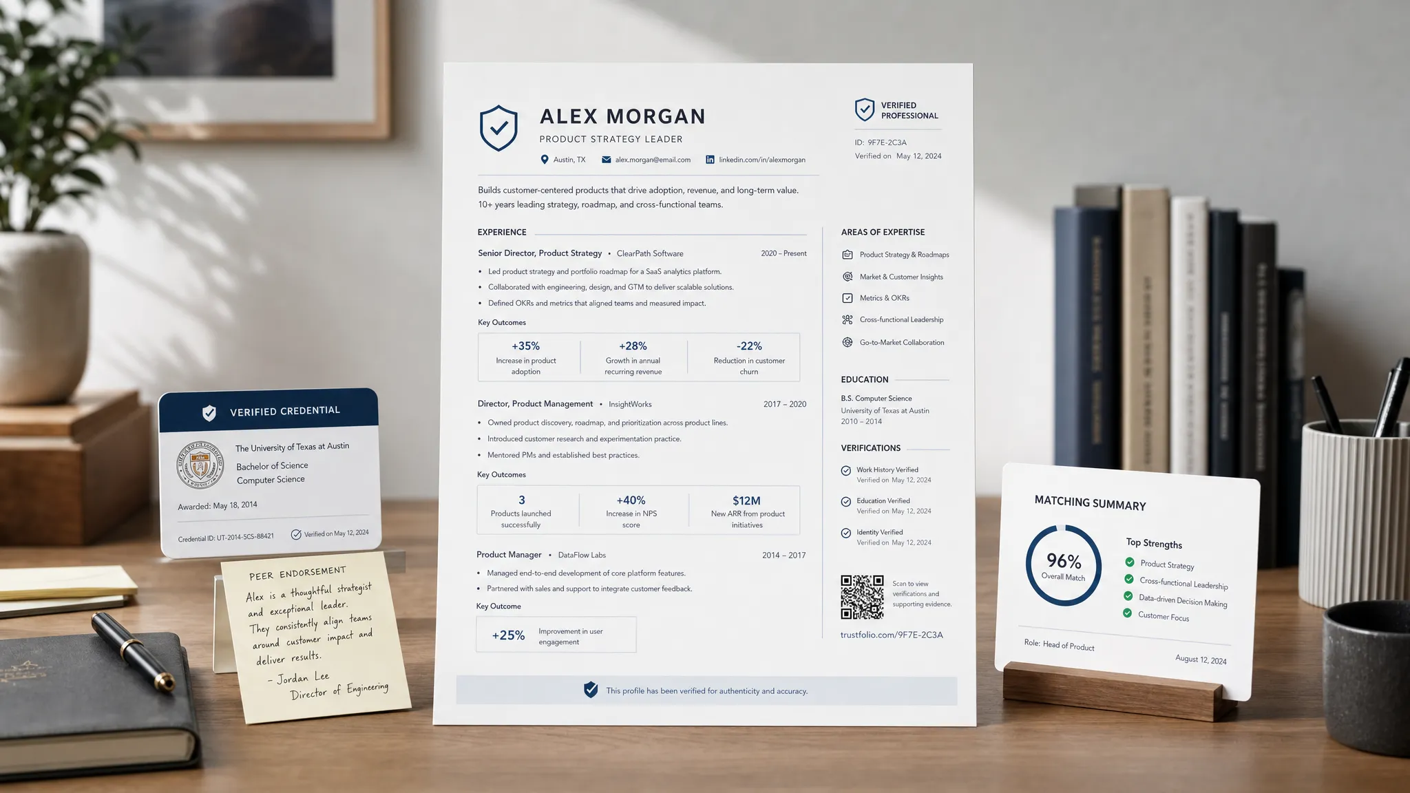 Wide conceptual scene of a resume transformed into a trust document: a large central profile sheet with structured experience, outcome highlights, and verification markers is surrounded by small supporting elements like a credential card, peer endorsement note, and a clean matching summary, all arranged in a modern workspace with no people visible. The composition should feel clear, orderly, and credibility-focused, with a landscape layout that leaves open space around the central document.
