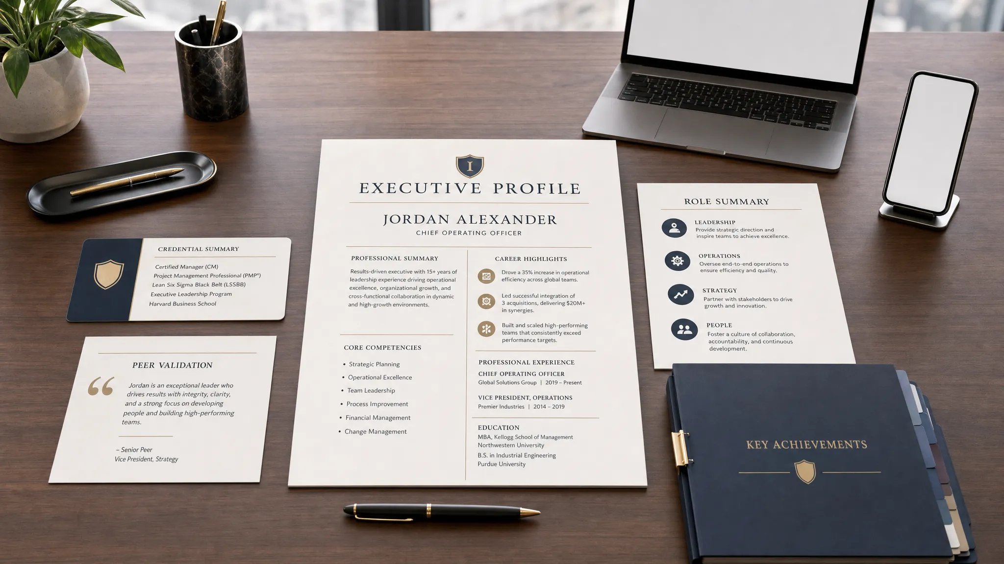 Wide indoor scene of an executive profile workspace with a single polished profile document centered on a table, surrounded by a credential card, a short peer validation note, a role summary sheet, and a neatly stacked folder of achievements. A laptop and phone sit off to the side with their screens facing the camera and showing neutral blank content. The composition should feel confident, structured, and credibility-focused, with no people visible and clear open space around the main document.