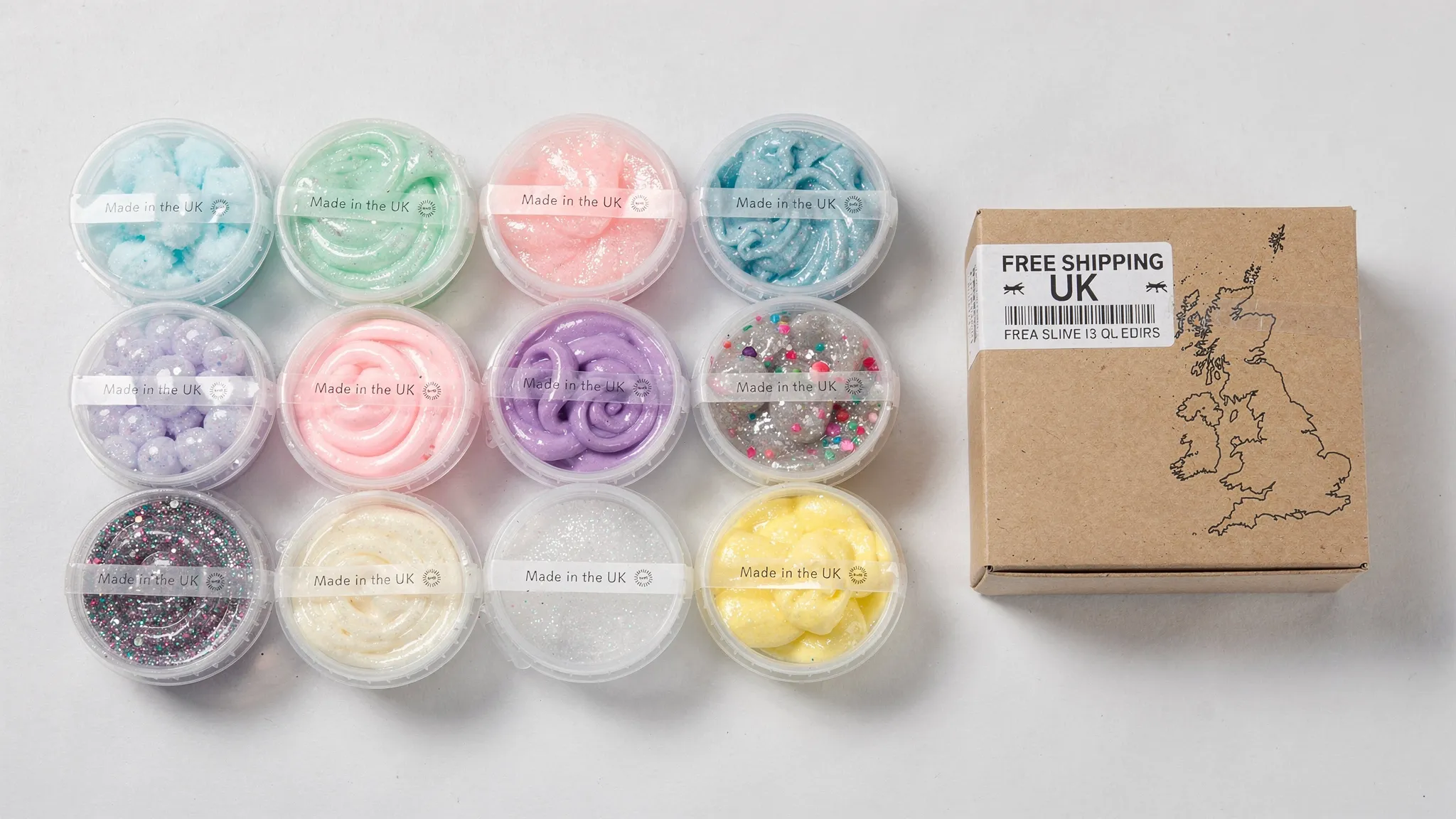 Flat lay of colourful UK-made slime jars in different textures and pastel colours beside a small cardboard parcel with a “Free Shipping UK” label and a simple outline map of the United Kingdom.