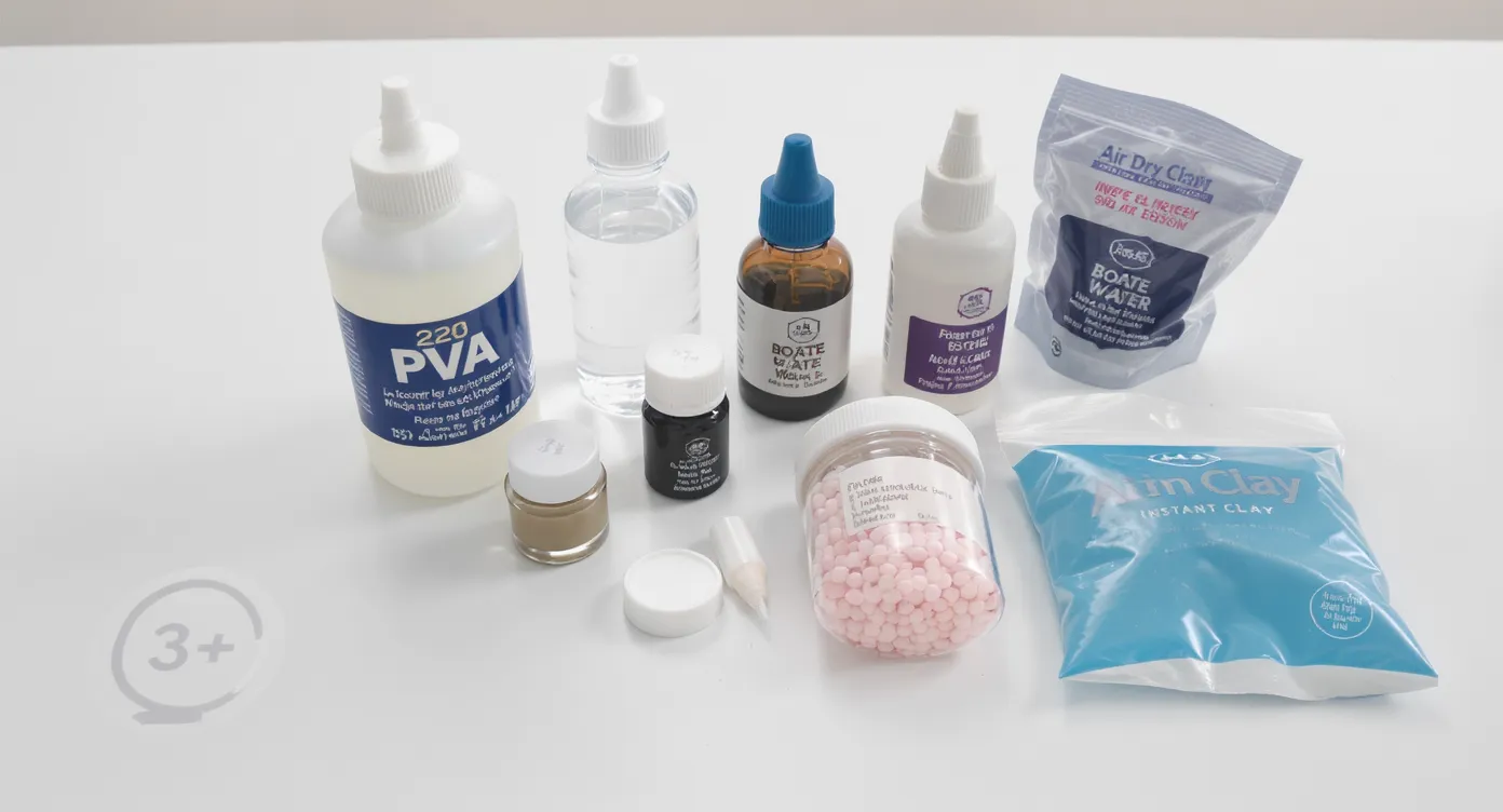 A neat flat lay of common safe slime ingredients on a bright white table, labelled containers of PVA glue, distilled water, borate activator, cosmetic mica and pigment, a small bottle of fragrance oil, a jar of foam beads, air dry clay and a pouch of instant snow. A child safe 3+ symbol sits beside the group, conveying safety and clarity.