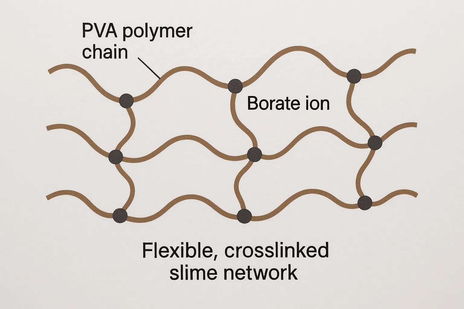 Simple diagram showing long wavy PVA polymer chains being gently linked by small borate ions to form a flexible, crosslinked slime network.
