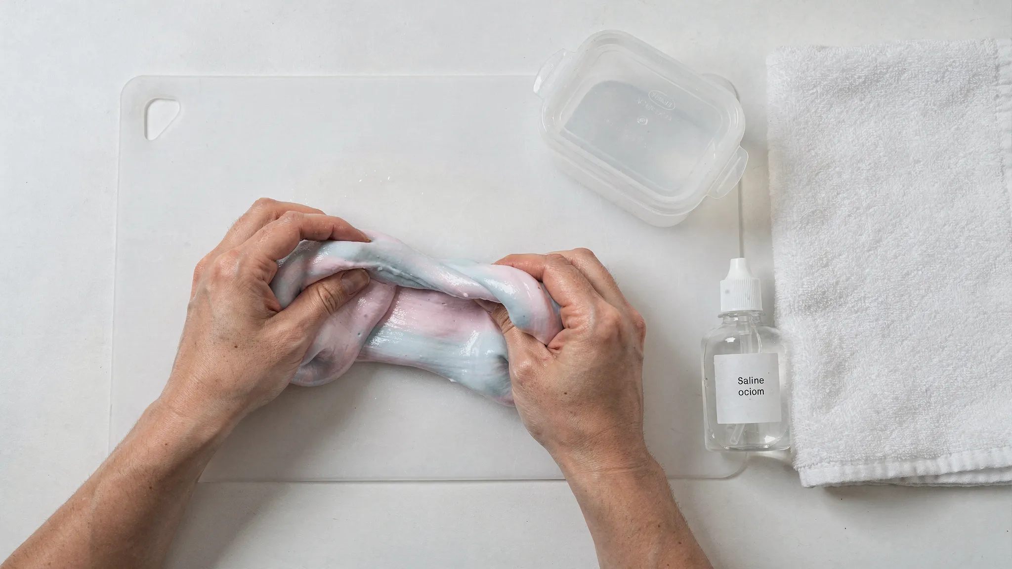 Two clean hands knead a fresh pot of glossy slime on a white silicone mat beside a closed airtight container, a bottle of saline solution, and a small towel, illustrating a tidy step-by-step setup for perfect slime results.