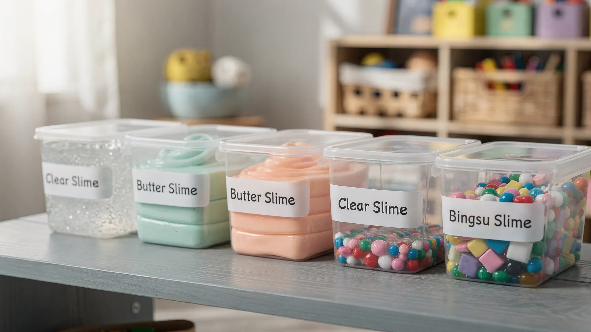 A row of labelled airtight containers filled with different slime textures, including clear, butter, and bingsu, stored on a cool shelf in a tidy playroom to demonstrate proper storage and organisation.
