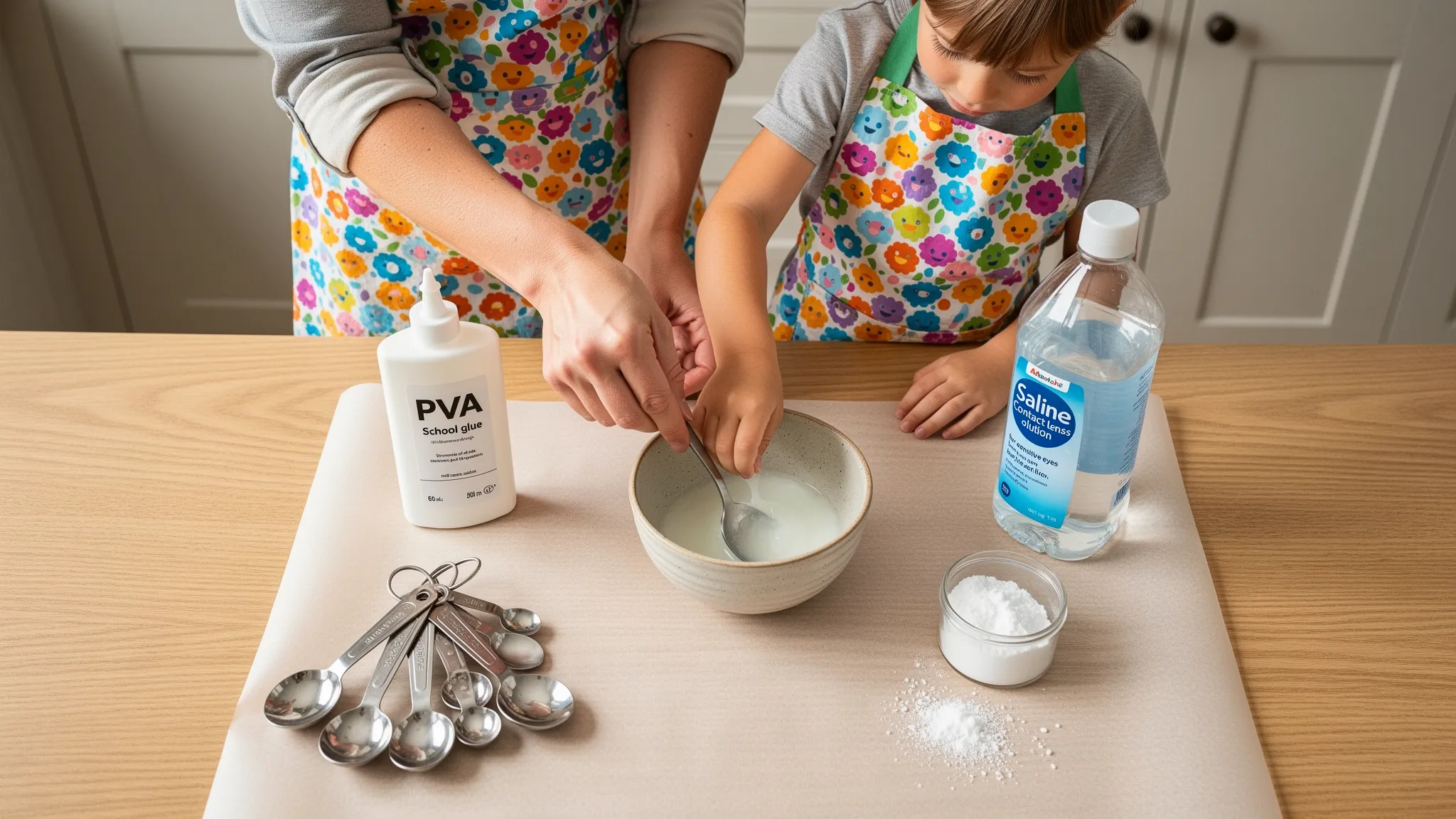 A top-down view of a UK kitchen table set up for slime making, showing a bottle of white PVA school glue, a small bowl, measuring spoons, bicarbonate of soda, a bottle of saline contact lens solution labelled for sensitive eyes, and a parent helping a child (age 6-8) stir the mixture. Both wear aprons and the workspace is covered with baking parchment for easy cleanup.