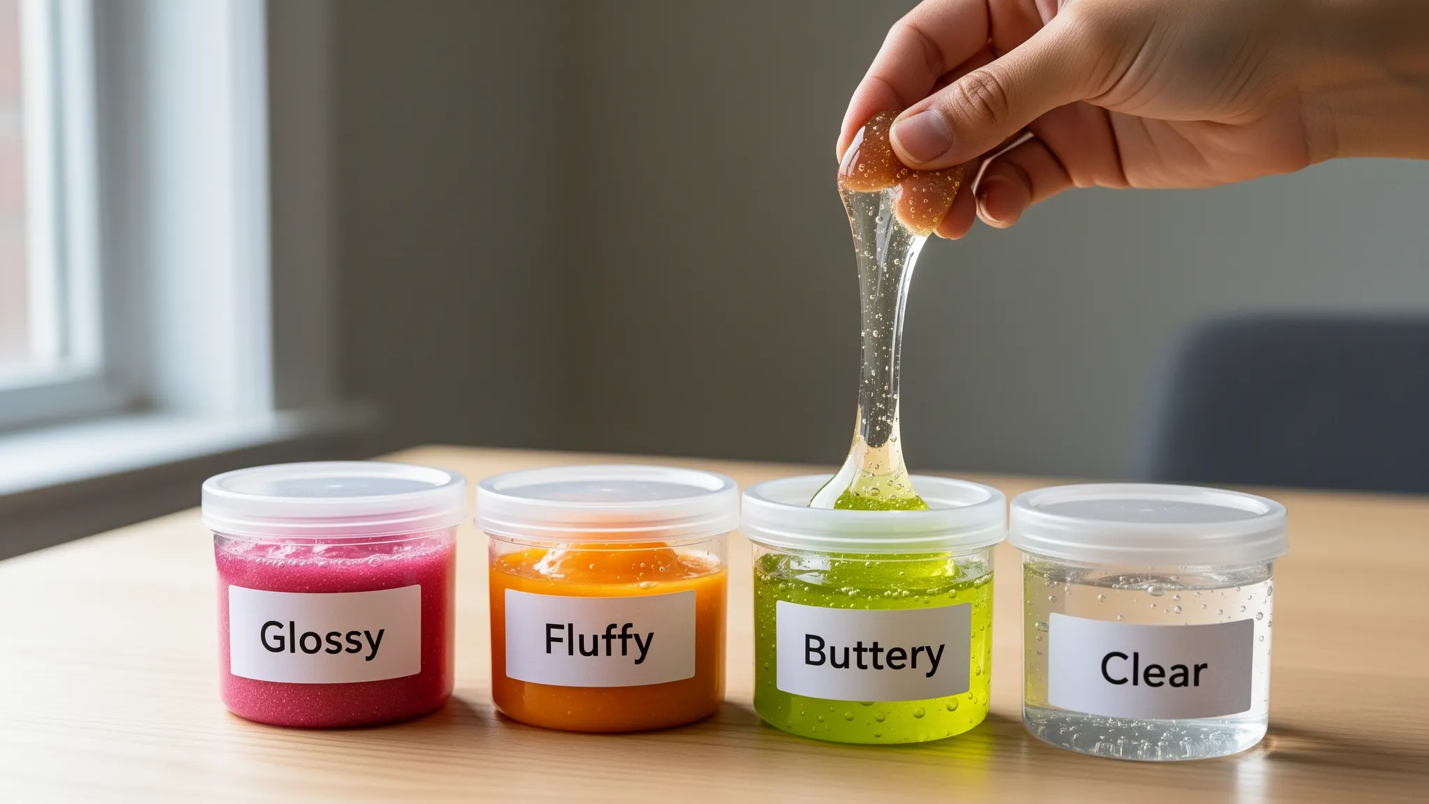 Four small airtight pots on a wooden table, each labelled with a different slime texture: glossy, fluffy, buttery, and clear. A hand is stretching a glossy slime ribbon to show shine and stretchiness.