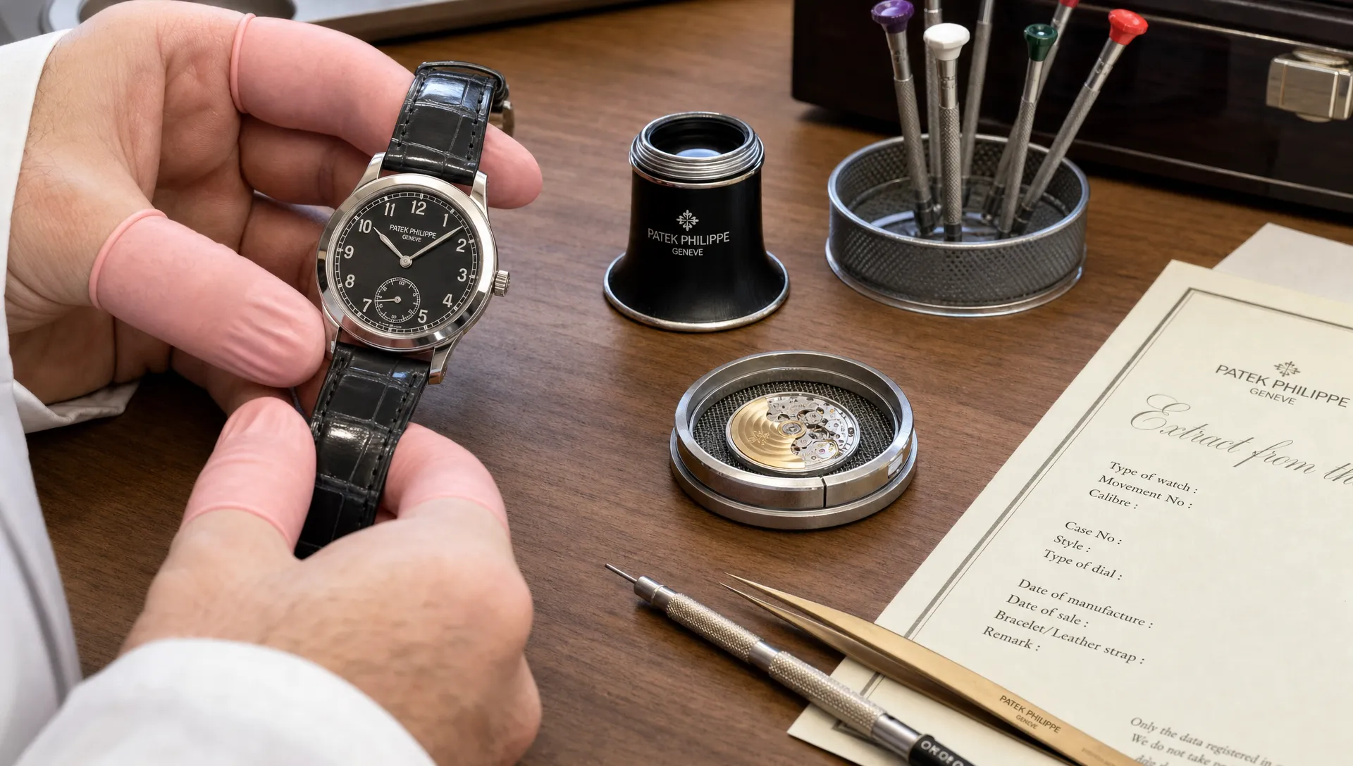 A Patek Philippe watch is examined on a watchmaker’s bench beside a loupe, caseback tray, strap tools and service papers.