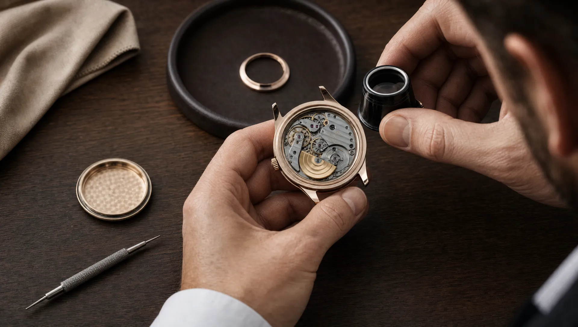 A watchmaker inspects a Patek Philippe movement and caseback during authentication on a walnut bench.