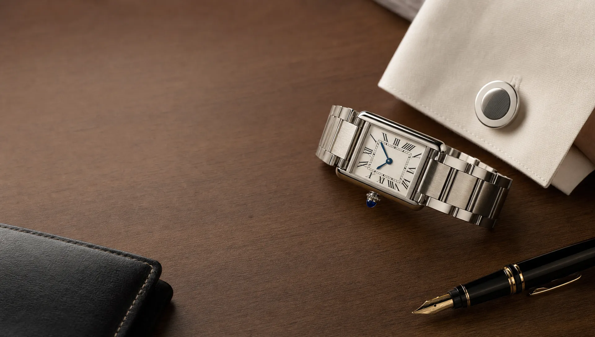A Cartier Tank Must rests on a walnut desk beside a cuff, pen and leather case, showing its slim rectangular profile.