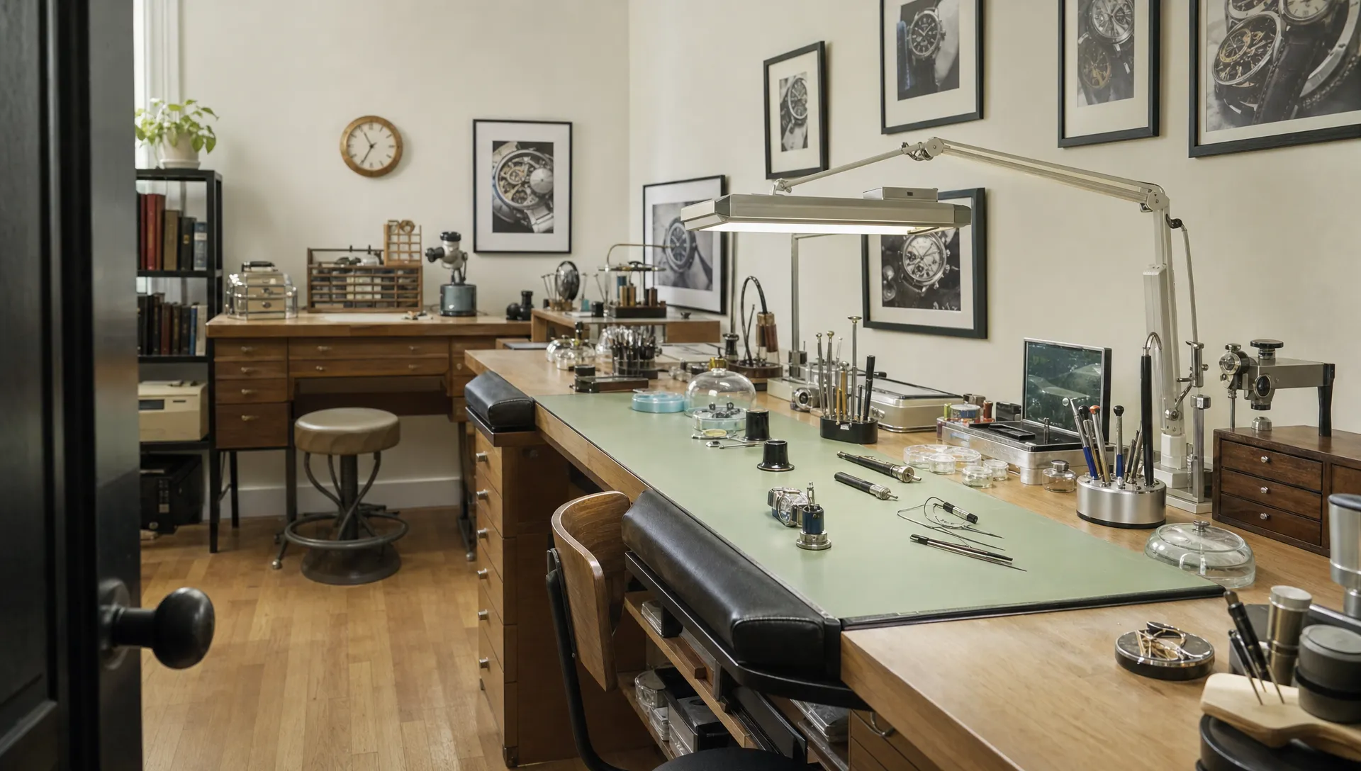 A watch-service workshop with padded benches and watchmaking tools provides the setting for examining pre-owned Omega watches.