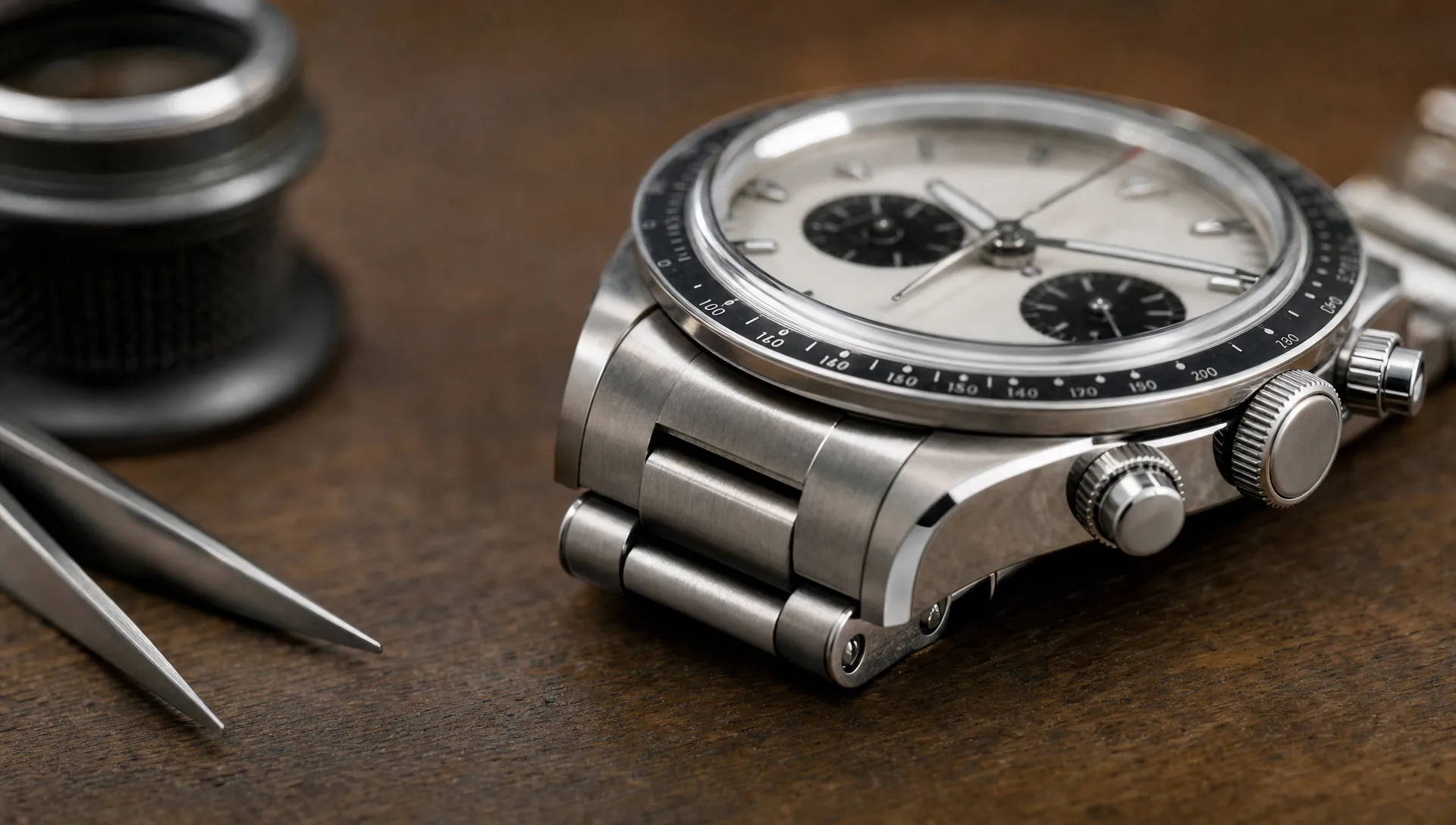 Extreme close-up of a Tudor Black Bay Chrono on a watchmaker’s bench, showing the bezel, pushers, crown guards, and bracelet links.