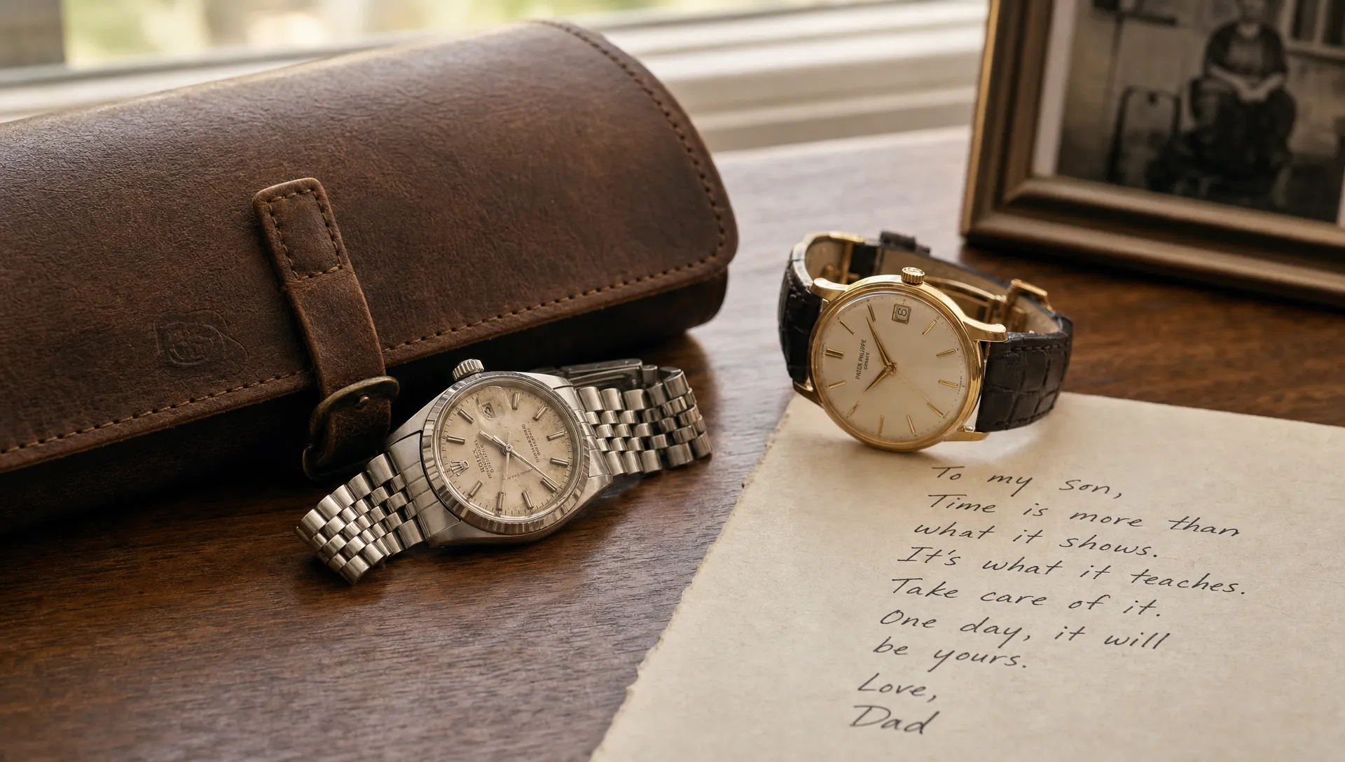 A vintage steel wristwatch and a modern gold dress watch resting beside a leather watch roll, a handwritten family note, and soft window light, suggesting heritage, collecting, and watches passed between generations.