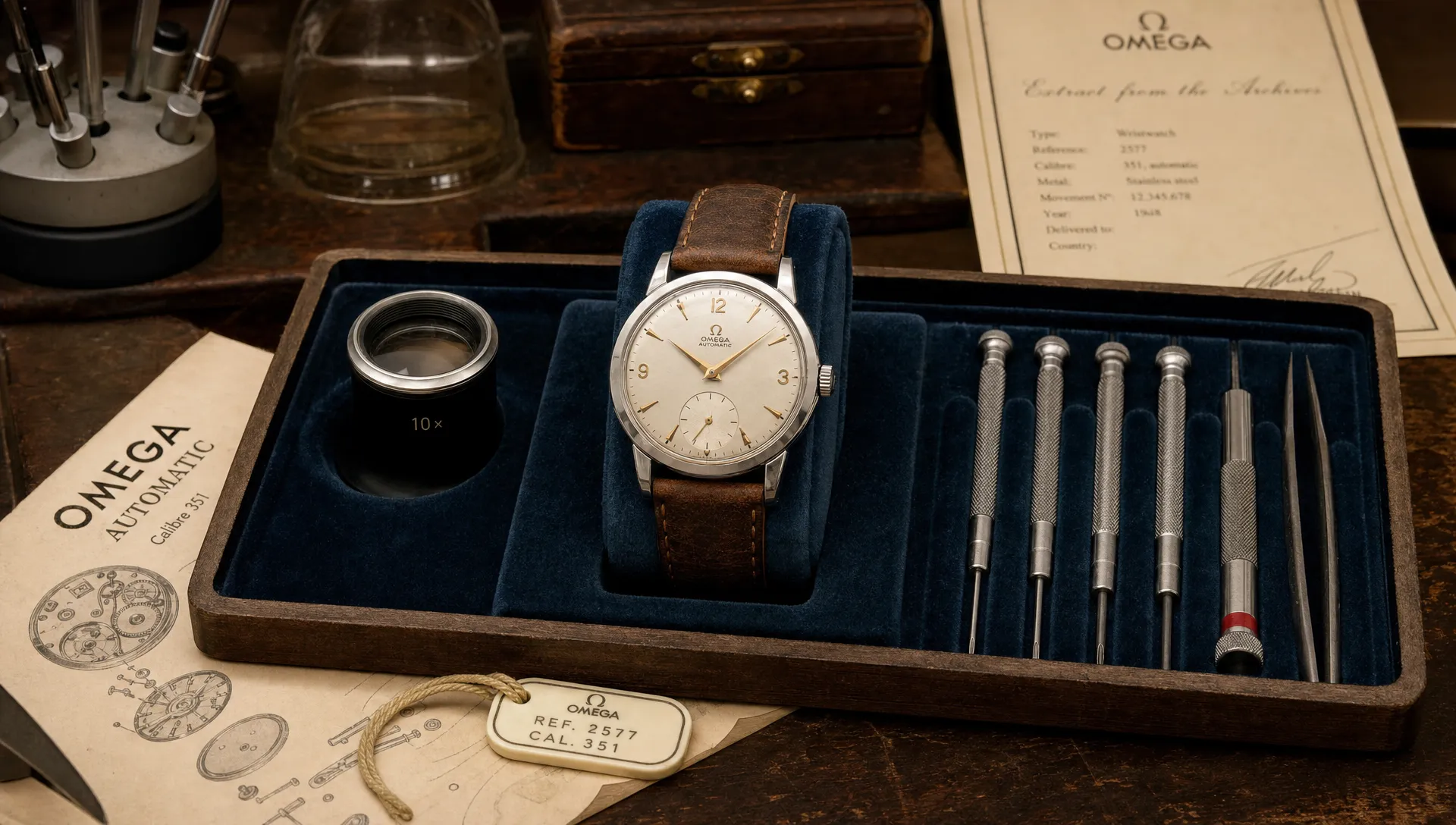 A single vintage mechanical wristwatch displayed on a velvet-lined presentation tray with its movement tools, magnifier, and service papers arranged around it, in a refined watchmaker’s workbench setting that emphasizes craftsmanship, authenticity, and heritage.