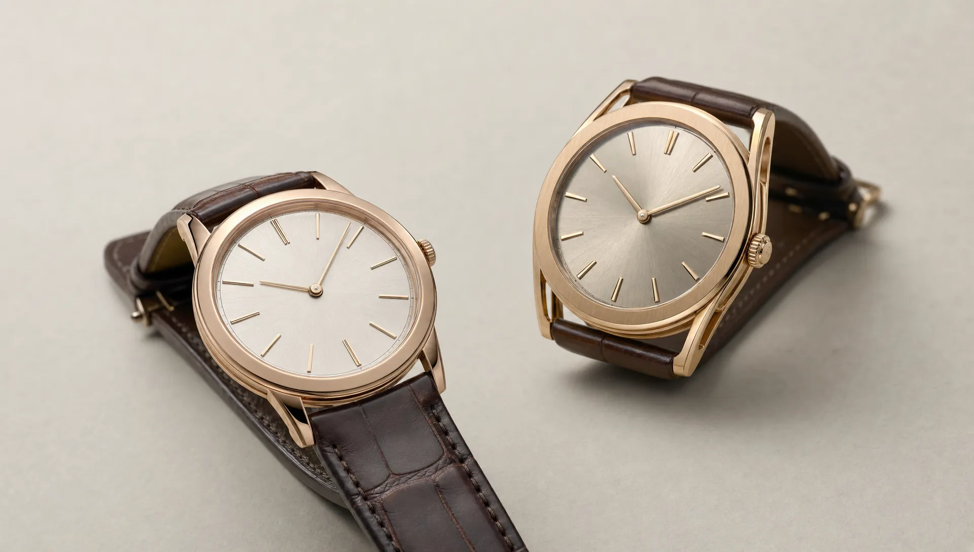 Two Audemars Piguet dress watches are arranged side by side for a simple comparison of shape and size.