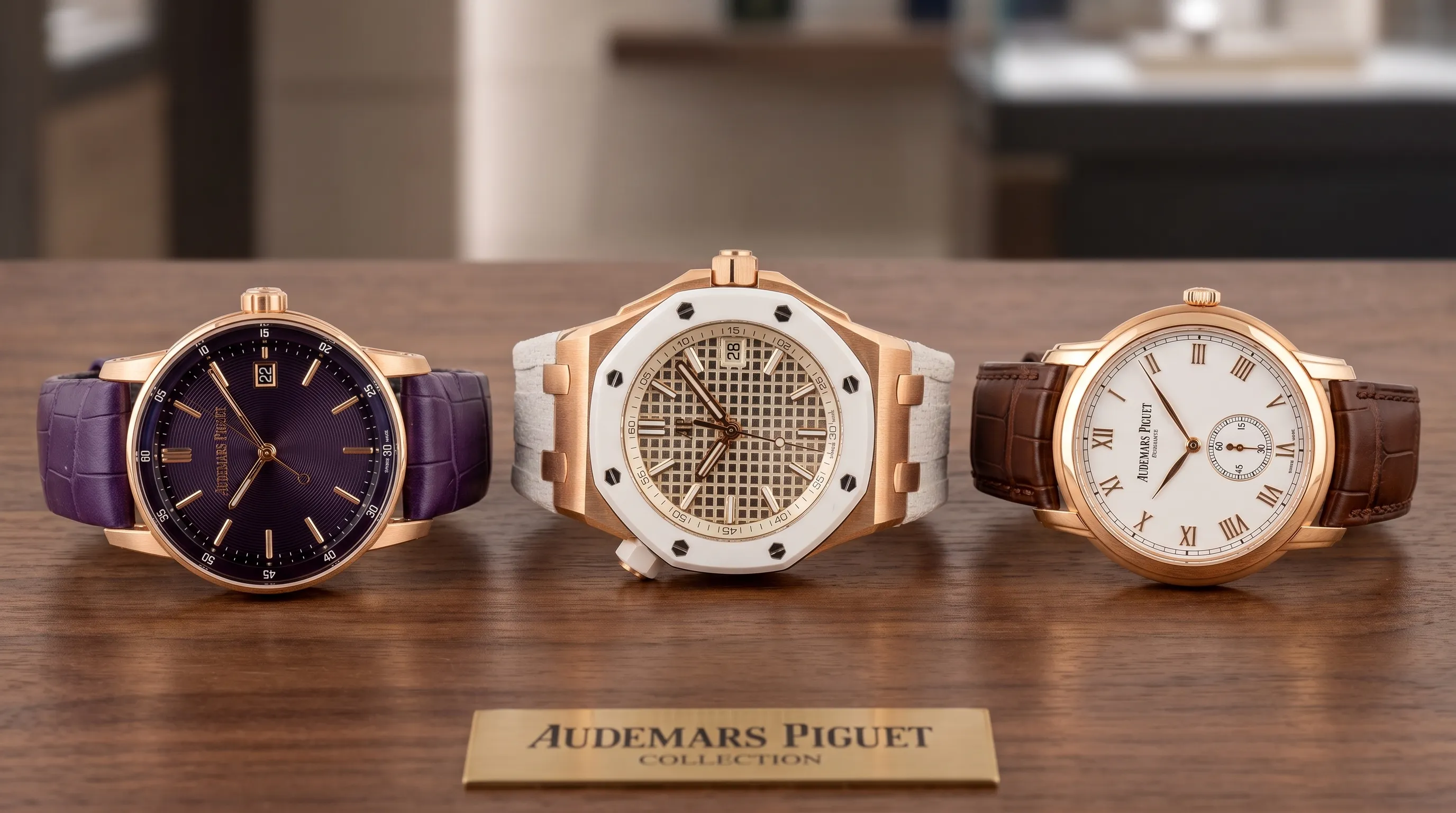 Three Audemars Piguet watches are arranged together to compare Code 11:59, Royal Oak Offshore and a classic dress profile.