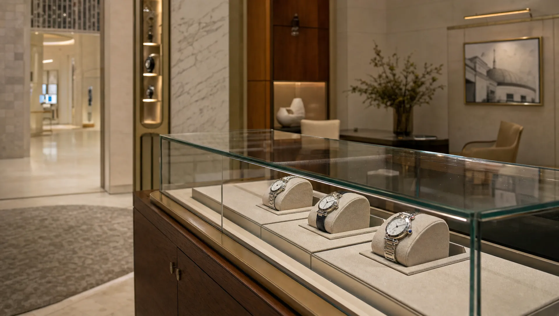 A Cartier watch boutique display shows several Pasha watches in a quiet interior setting.