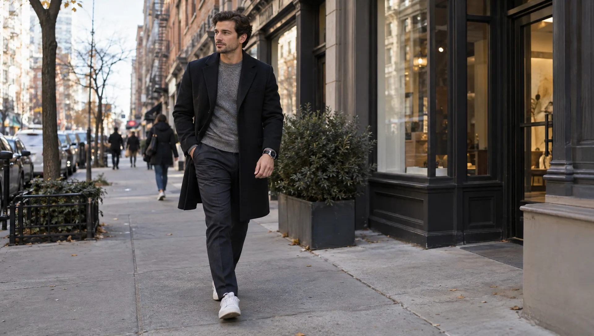 A black-dial Air-King-style watch sits on a wearer’s wrist during a walk along a Manhattan street.