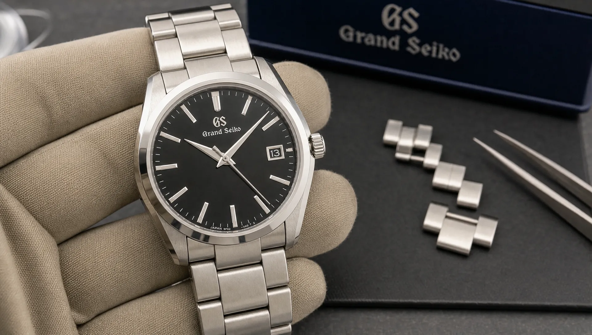 Grand Seiko quartz watch inspection showing a stainless steel case, black dial, faceted hands and markers, and the bracelet beside its spare links.