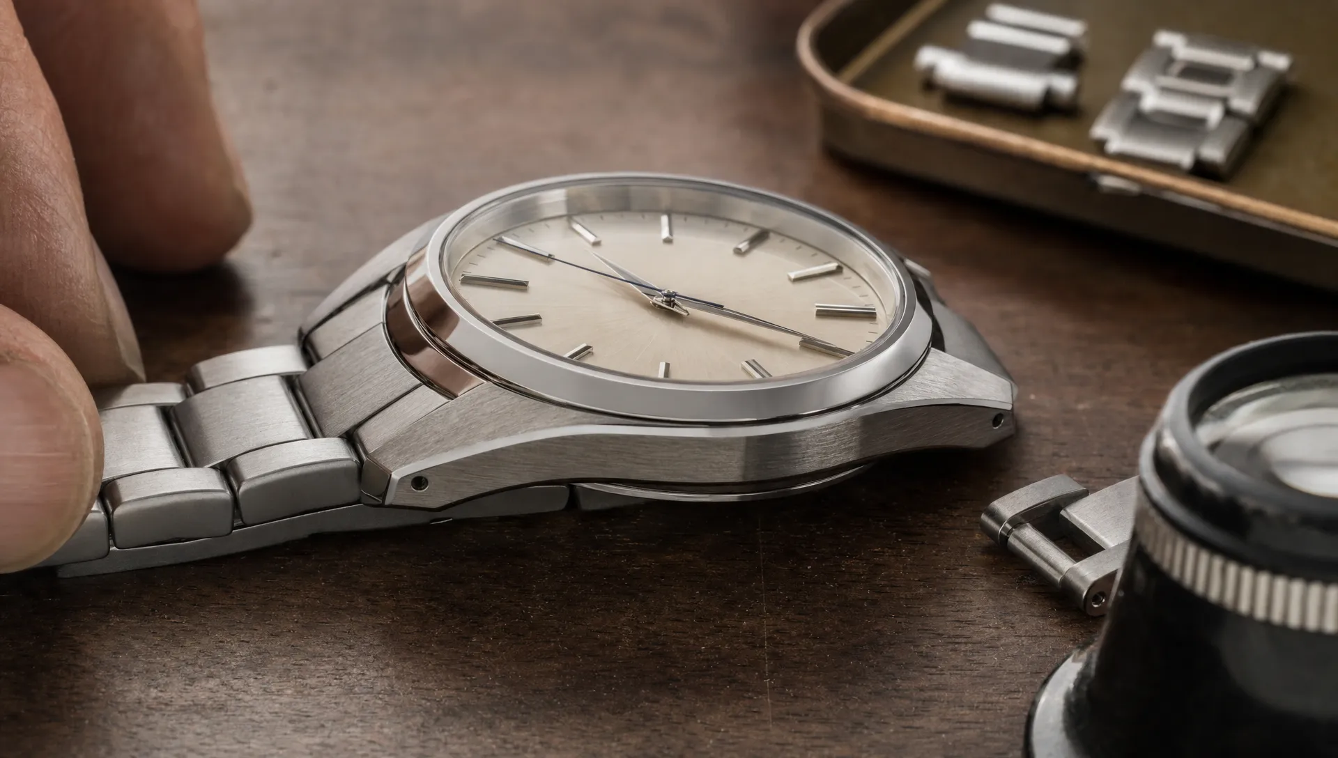 A Grand Seiko quartz watch sits beside its spare links on a watchmaker’s bench, with the case, dial edge and bracelet details in close view.