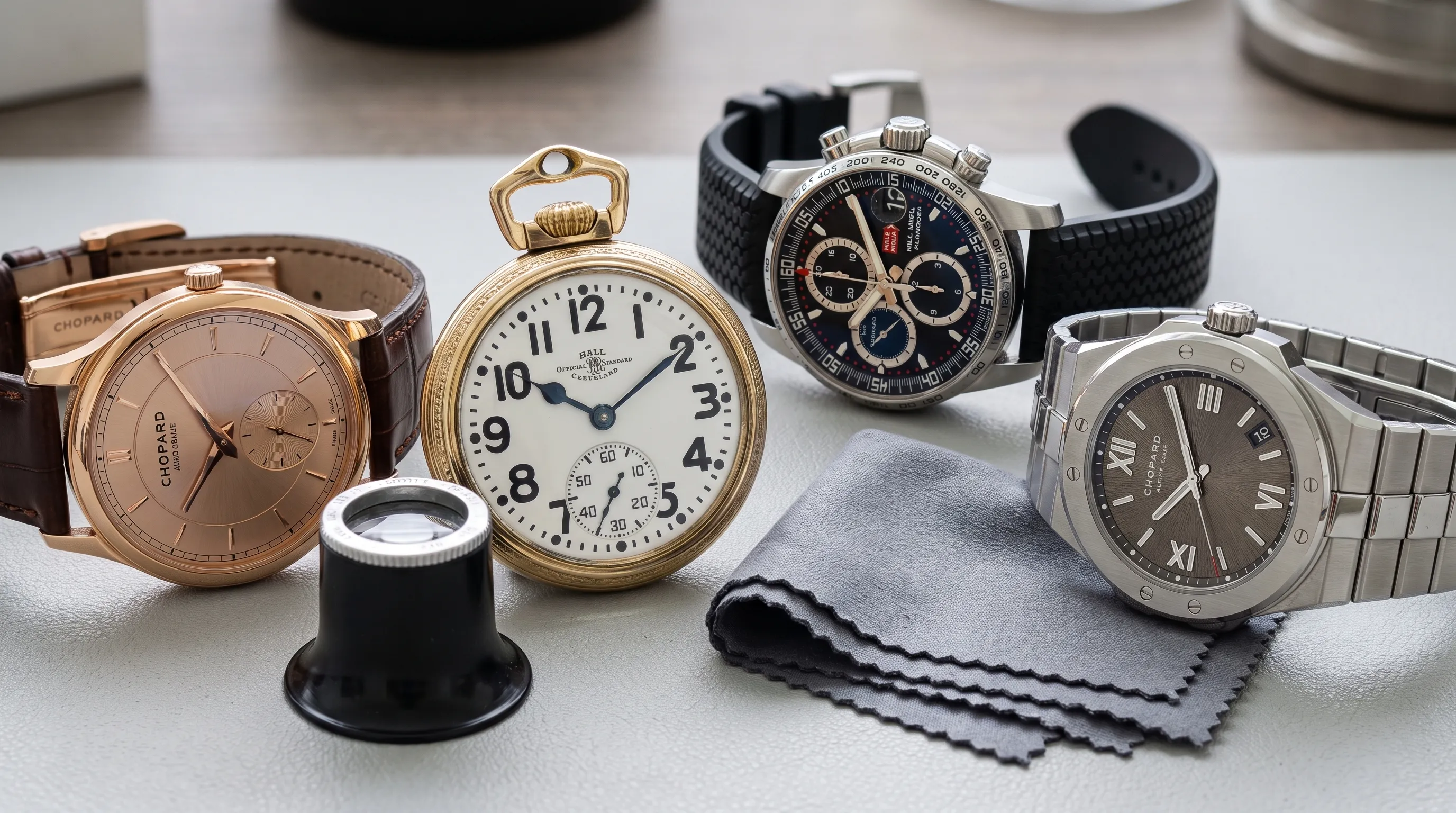 A close-up arrangement of several Chopard watches on a neutral surface, showing a dress watch, a chronograph and an integrated-bracelet sports watch beside a loupe and folded microfiber cloth.