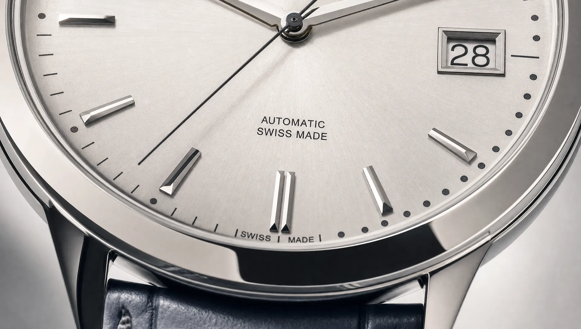 Close-up of the lower half of a Swiss luxury watch dial, with polished markers, slim hands, and the case edge visible near 6 o’clock.