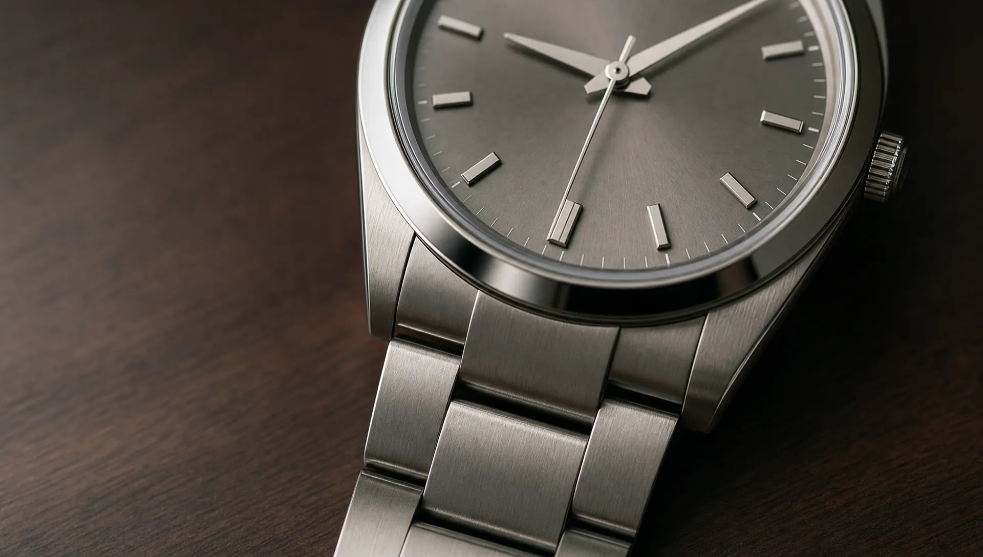 Close-up of a Swiss luxury watch dial near 6 o’clock on a dark desk, showing polished markers, slim hands, and the case edge.