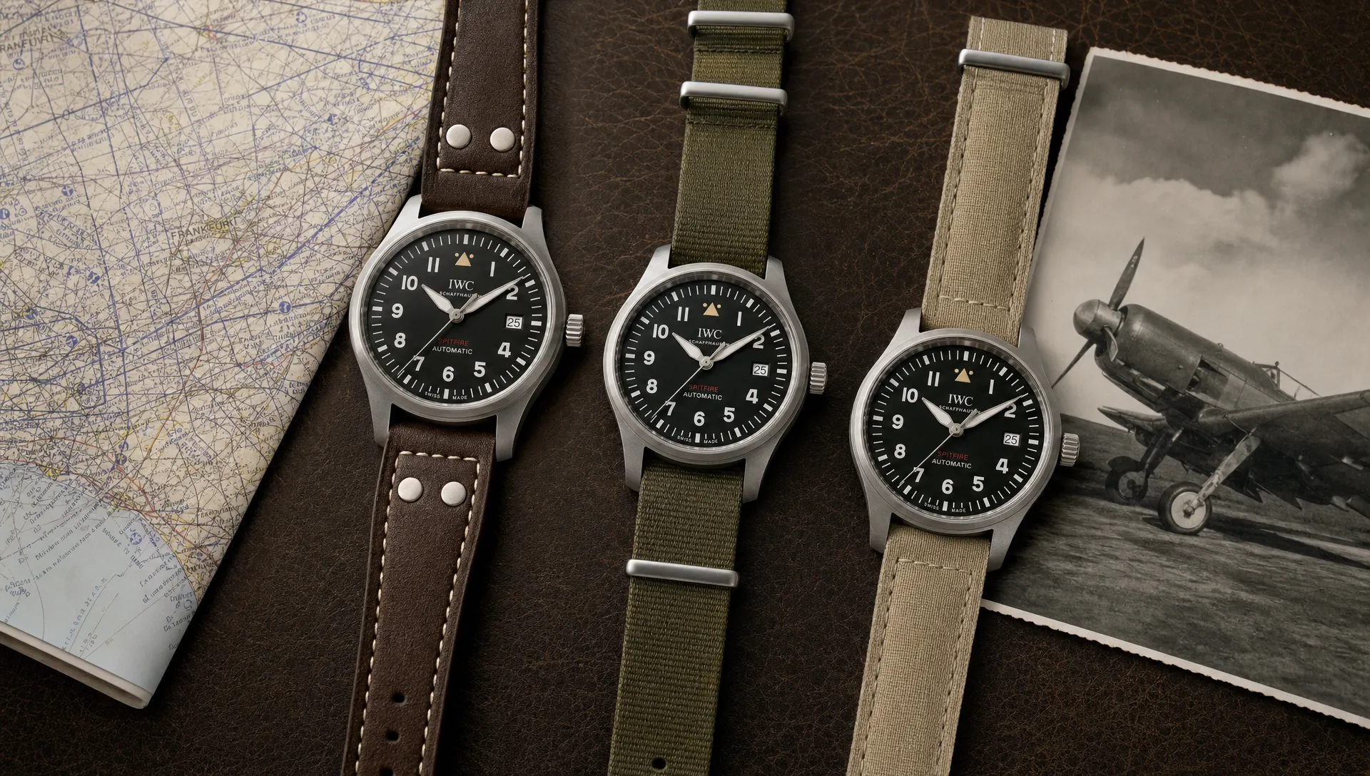 A flat lay of IWC Spitfire-style pilot watches on leather and textile straps beside a folded flight map and a vintage aircraft photo.