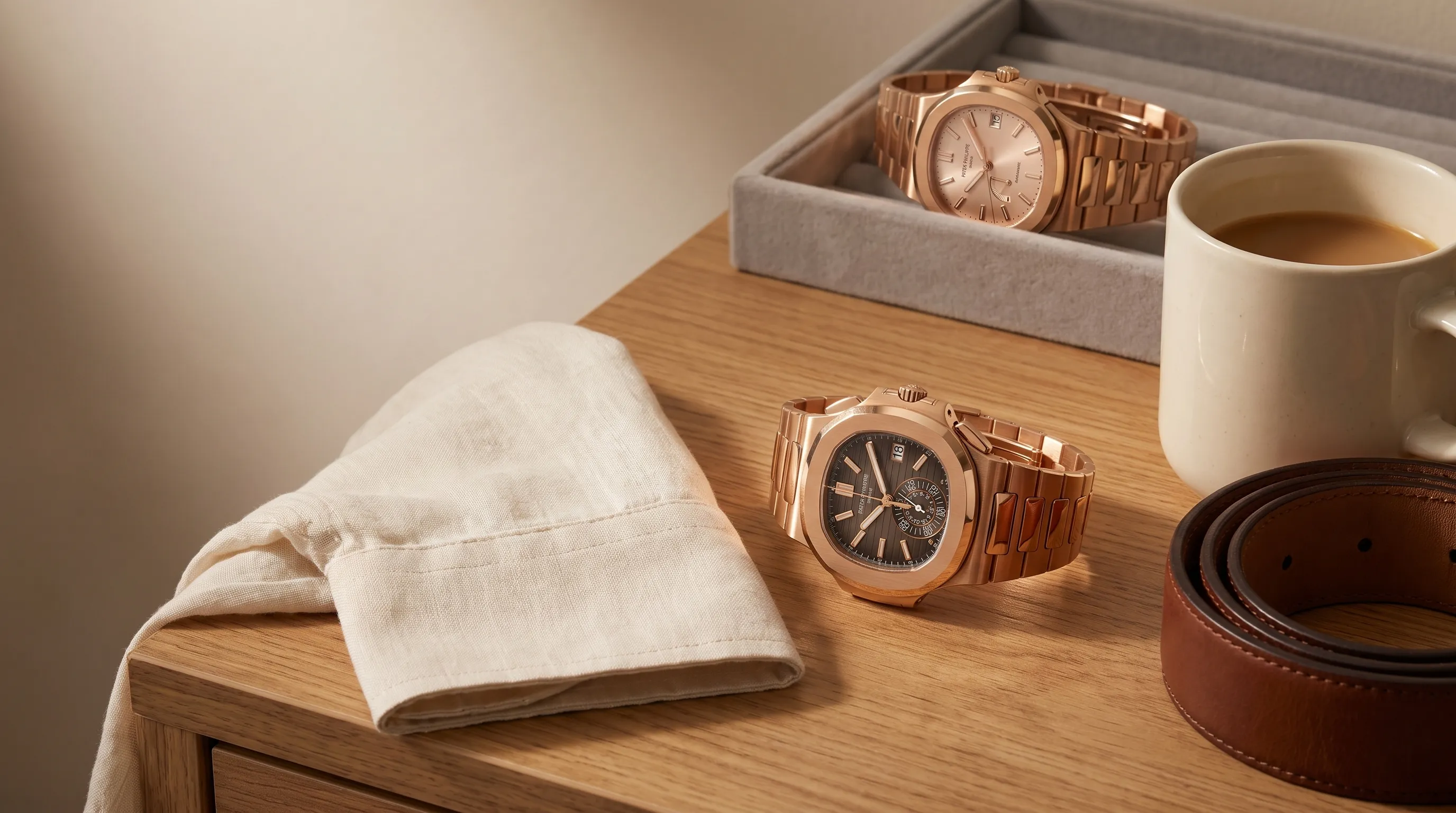 A Grand Seiko Snowflake and Skyflake sit beside a shirt cuff and daily accessories.