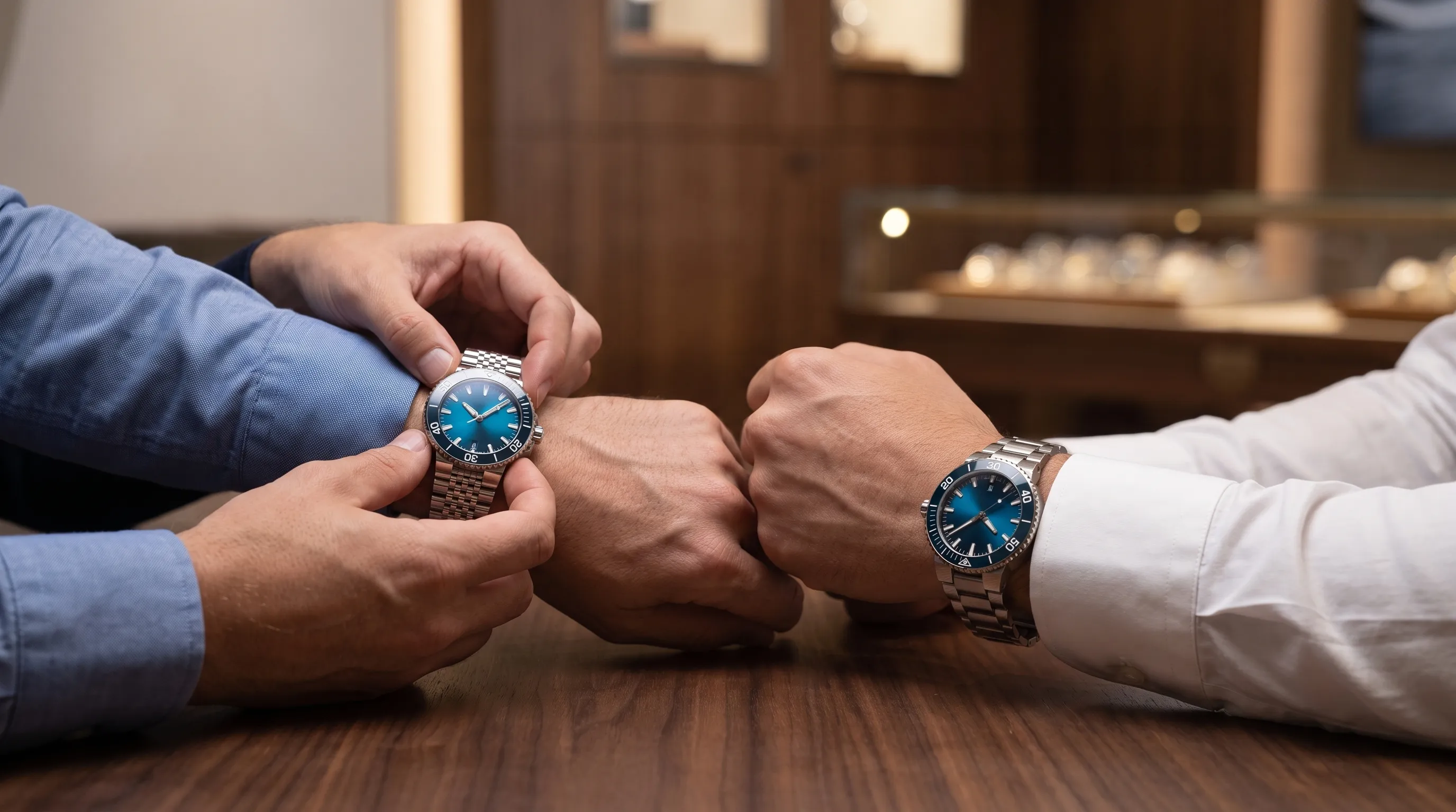 Two adults compare a Rolex GMT-Master II on the wrist and at the table, checking Batman and Batgirl fit.