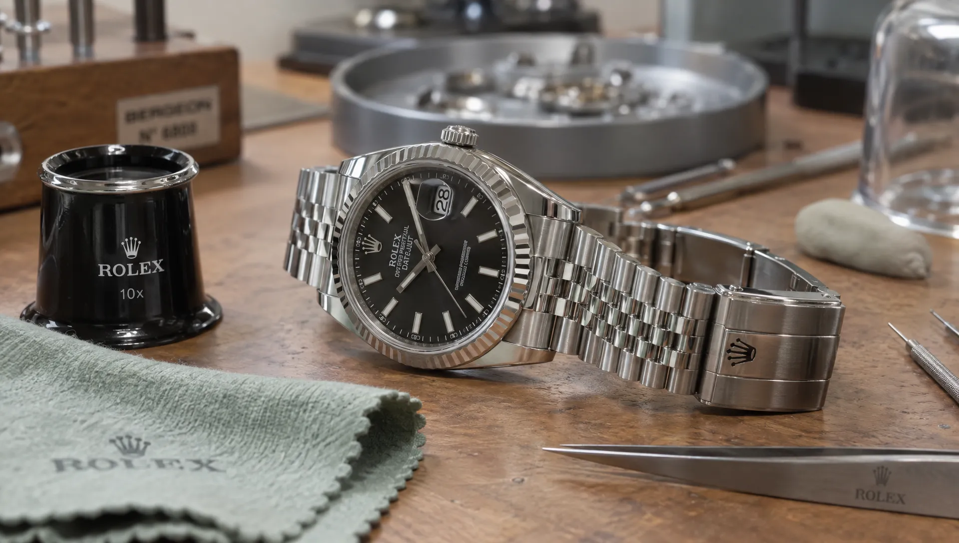 A pre-owned Rolex lies on a watchmaker’s bench beside a loupe and inspection cloth, with its case, bracelet and clasp visible.