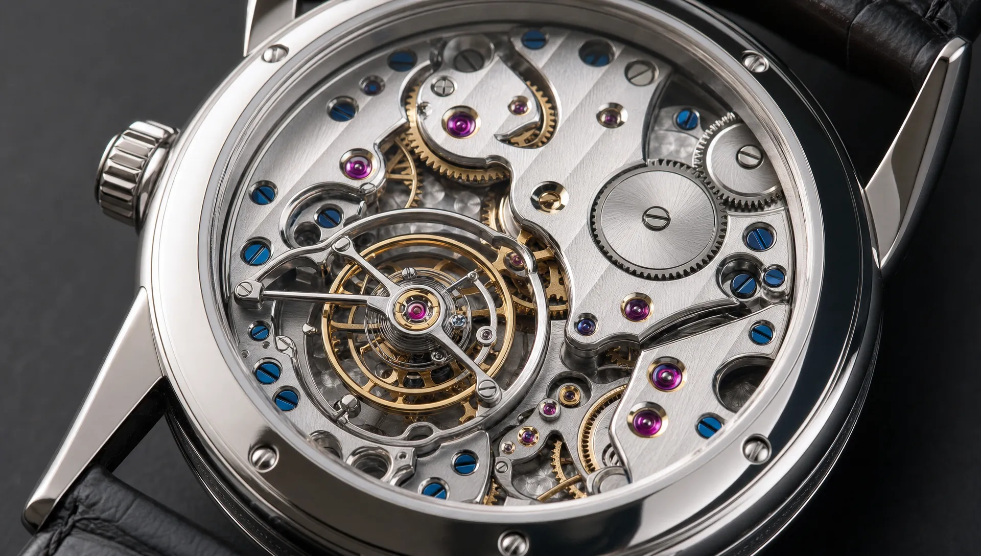 A close view of a luxury watch movement shows the tourbillon cage, polished bridges, screws and fine finishing details through the caseback.