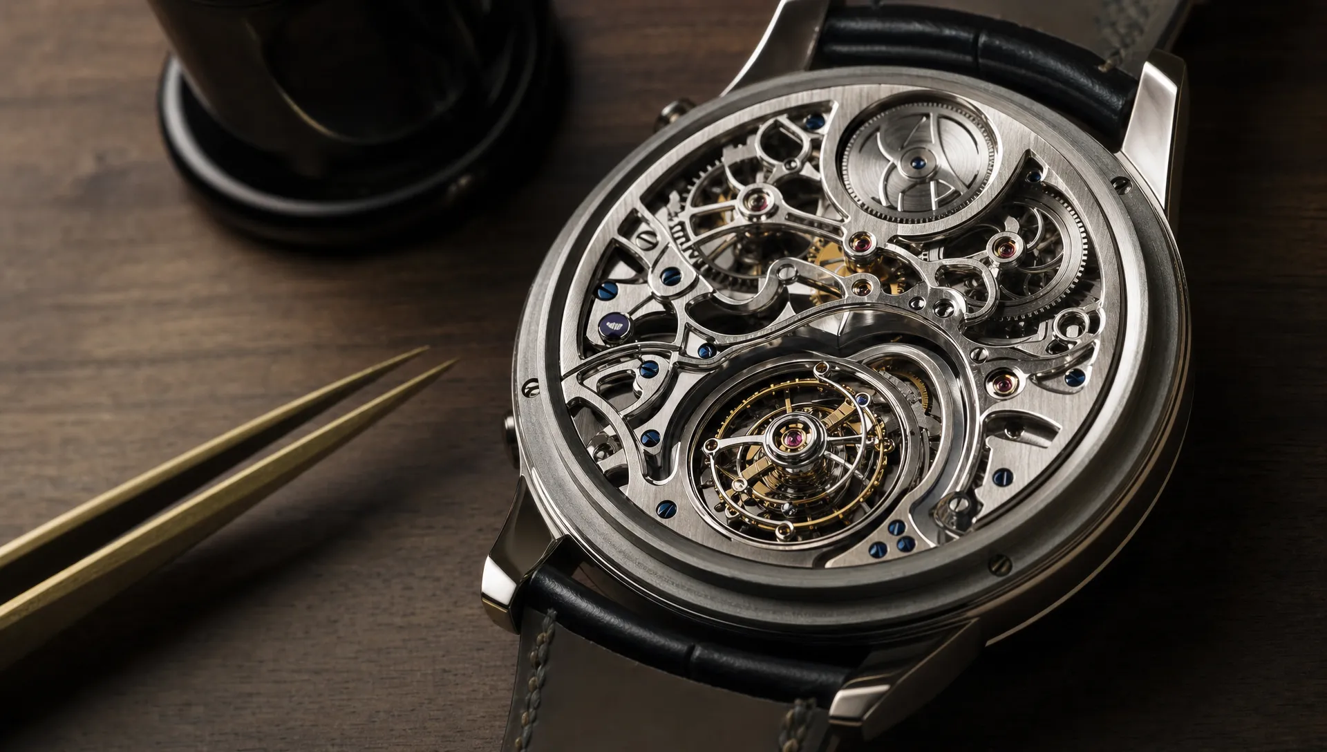 A tourbillon movement fills the frame beside a loupe and tweezers on a watchmaker’s bench.