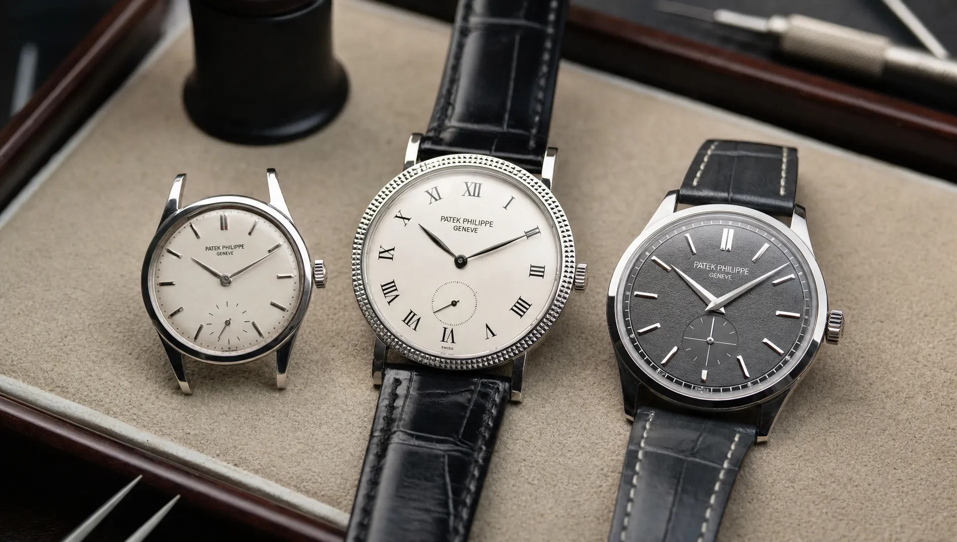 Several Calatrava watches rest on a watchmaker’s tray, comparing a compact vintage case, a Roman-numeral dial with a hobnail bezel and a modern textured charcoal dial on a leather strap.