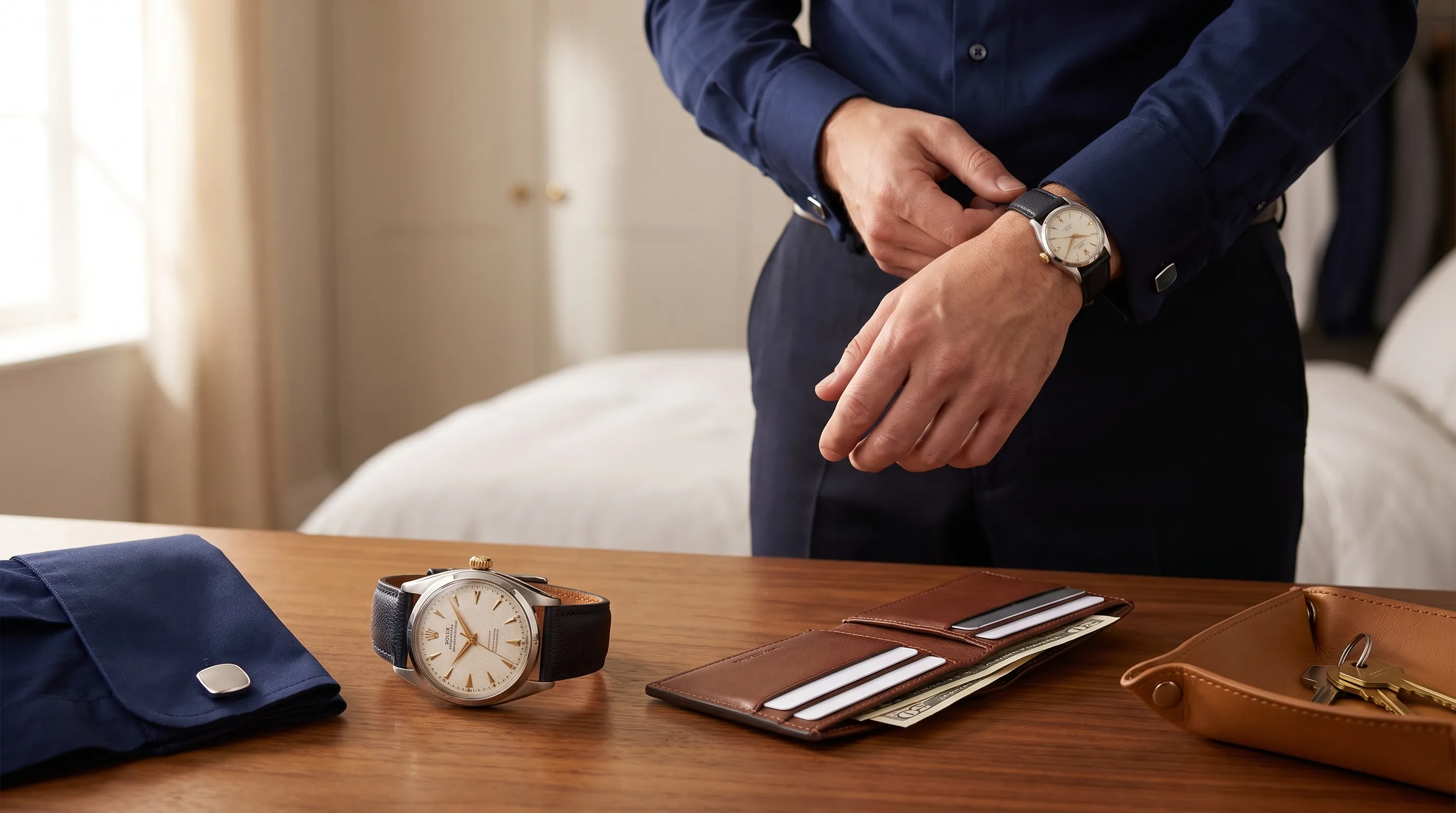 A Rolex watch on a bedroom dresser sits beside daily essentials as someone gets ready to wear it.